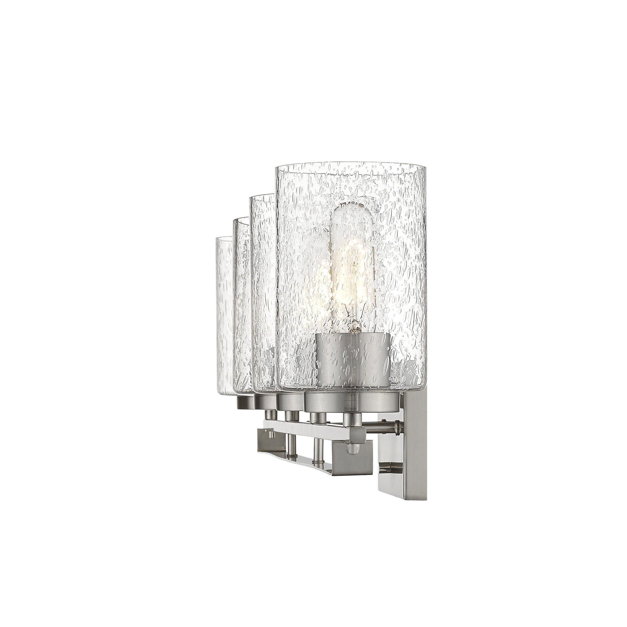 Shown in Satin Nickel finish and Clear glass and Clear, Seeded Cylindrical Glass s shade