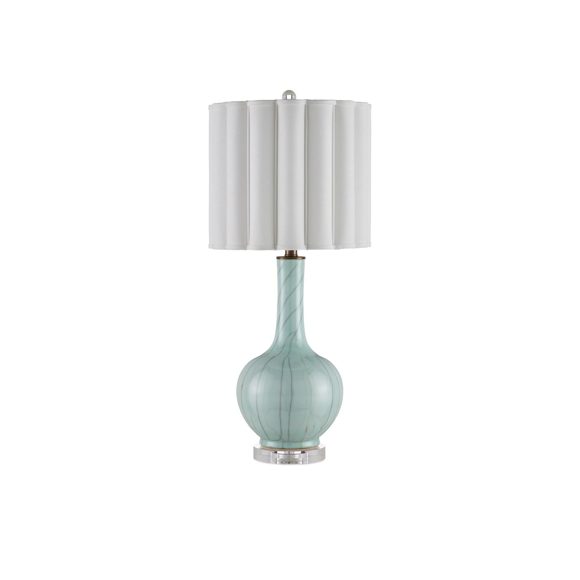 Shown in Celadon Crackle, Clear, Antique Brass finish and Scalloped Bone Linen shade