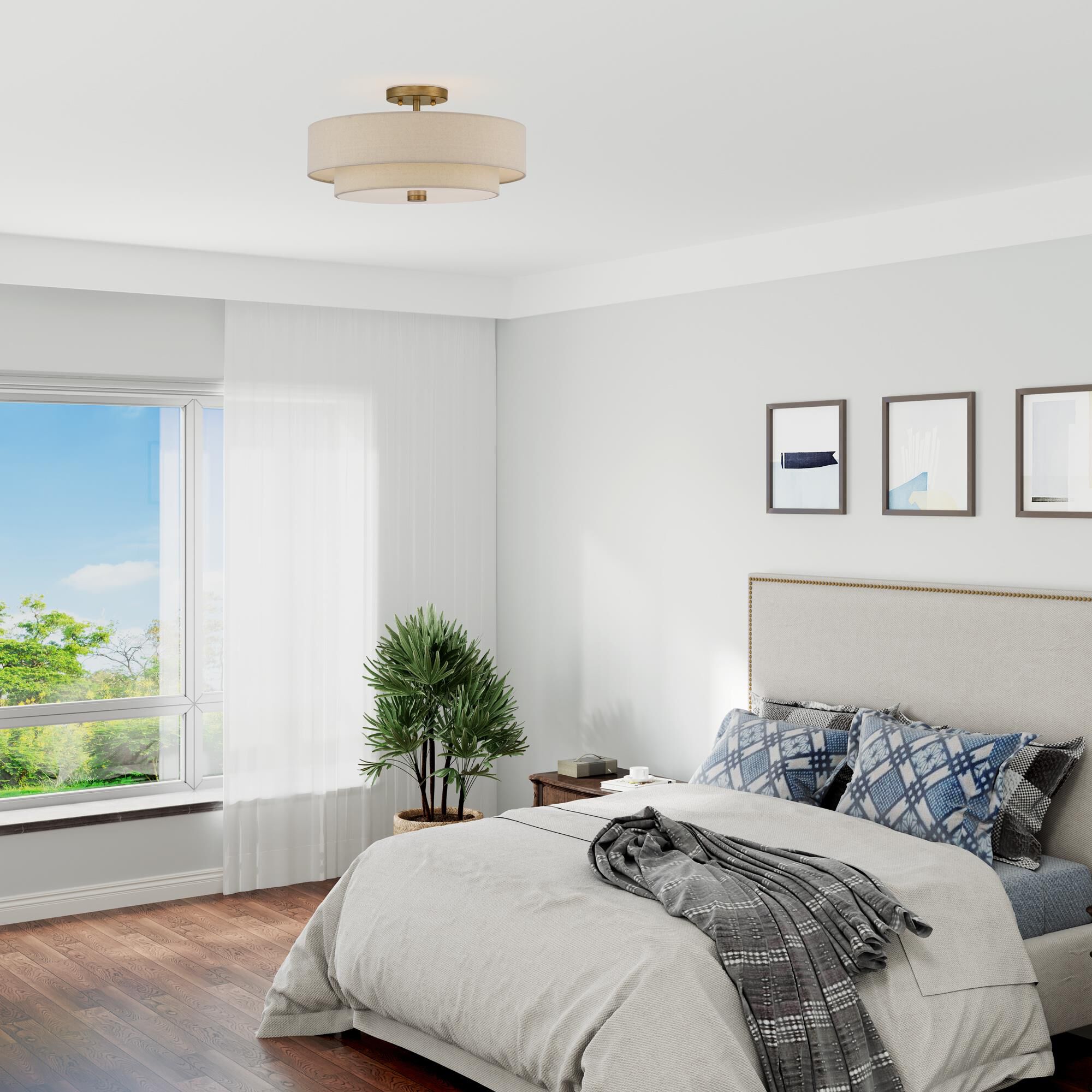 Shown in Antique Gold Leaf finish and Hand Crafted Parchment Color Hardback Fabric with White Color Inside shade