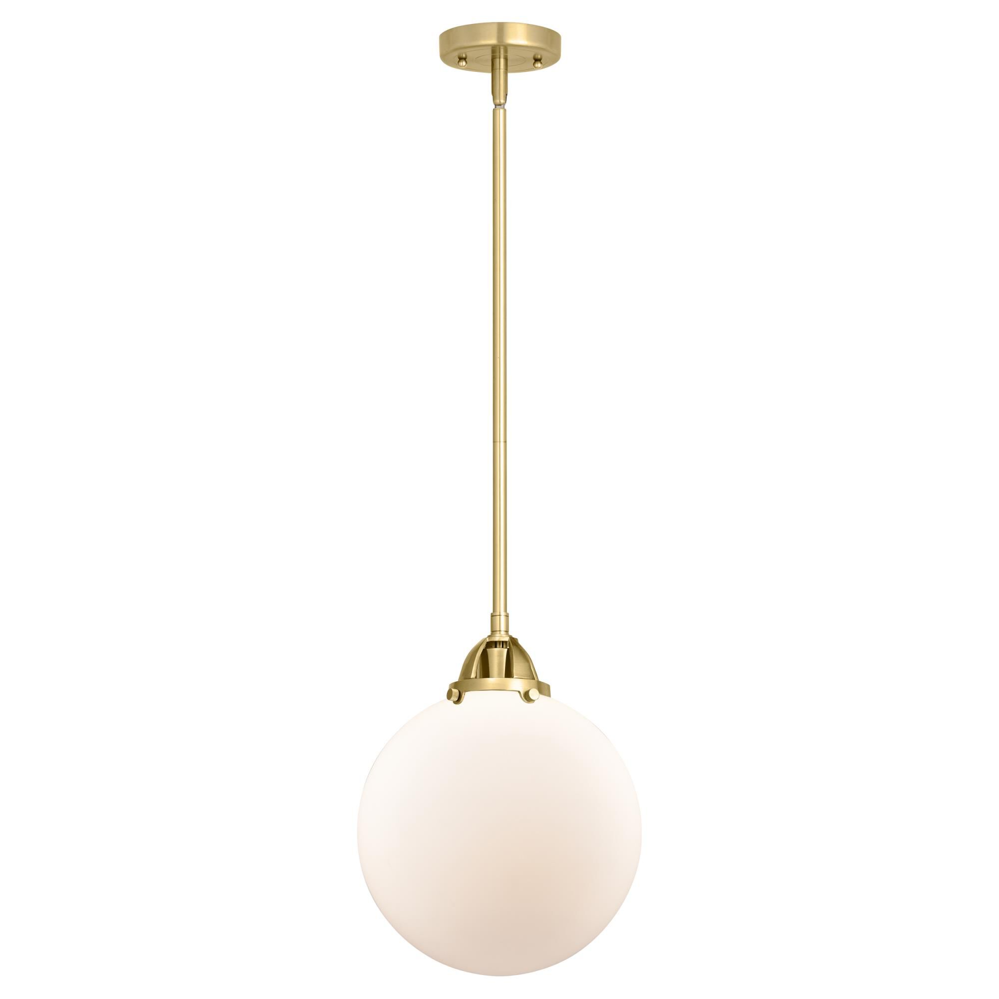 Shown in Satin Gold finish and Matte White Cased Beacon glass and No Shade shade
