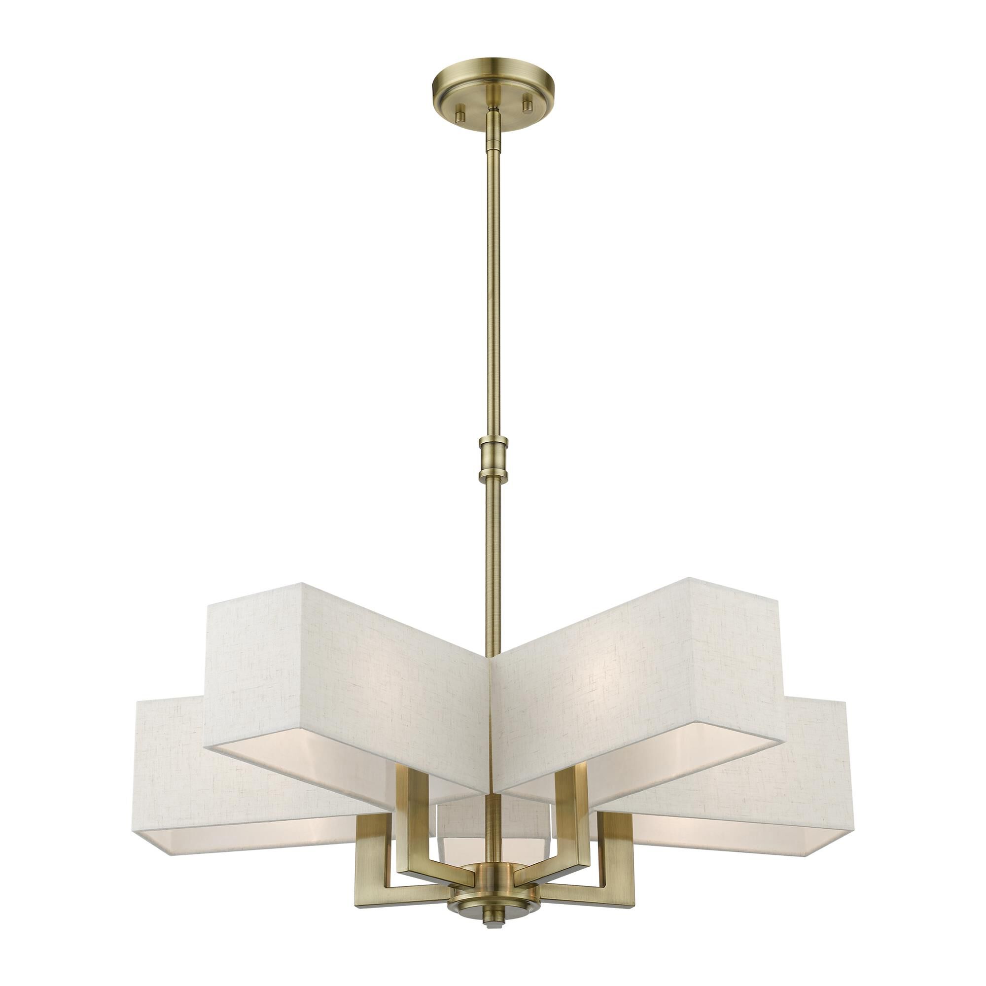 Shown in Antique Brass finish and Hand Crafted Oatmeal Color Hardback Fabric With White Fabric Inside shade