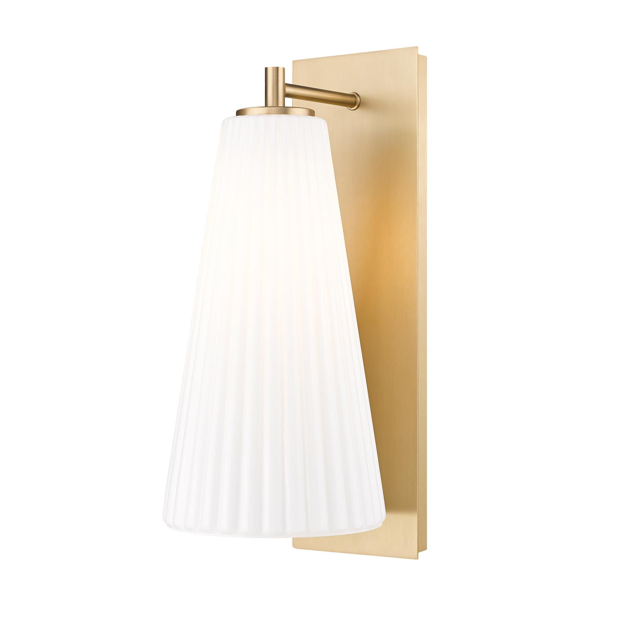 Shown in Modern Gold finish and White glass and White shade