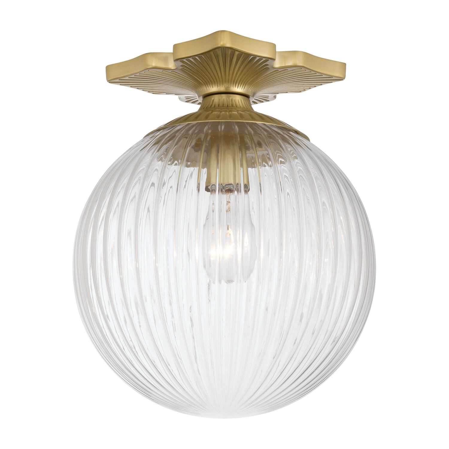 Shown in Aged Brass finish and Ribbed glass and Ribbed Glass shade