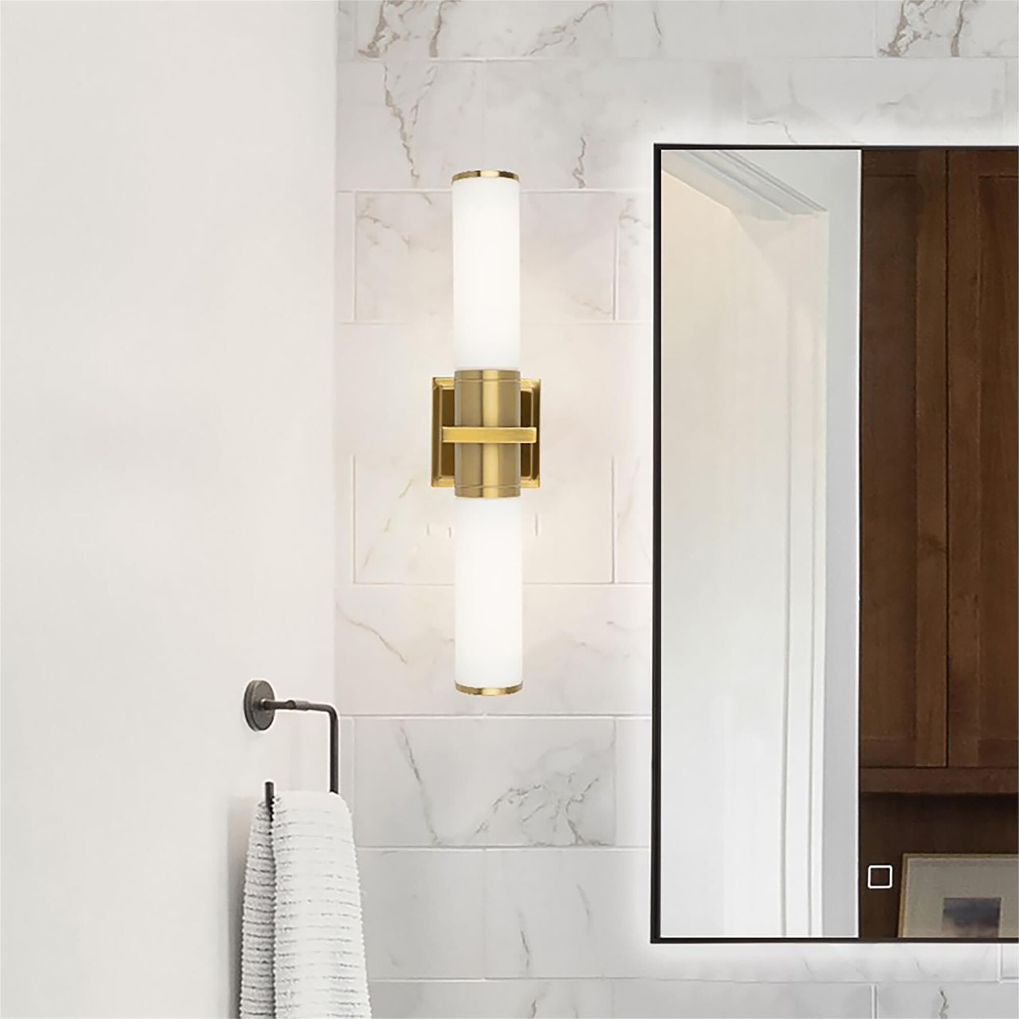 Shown in Brushed Brass finish and White glass