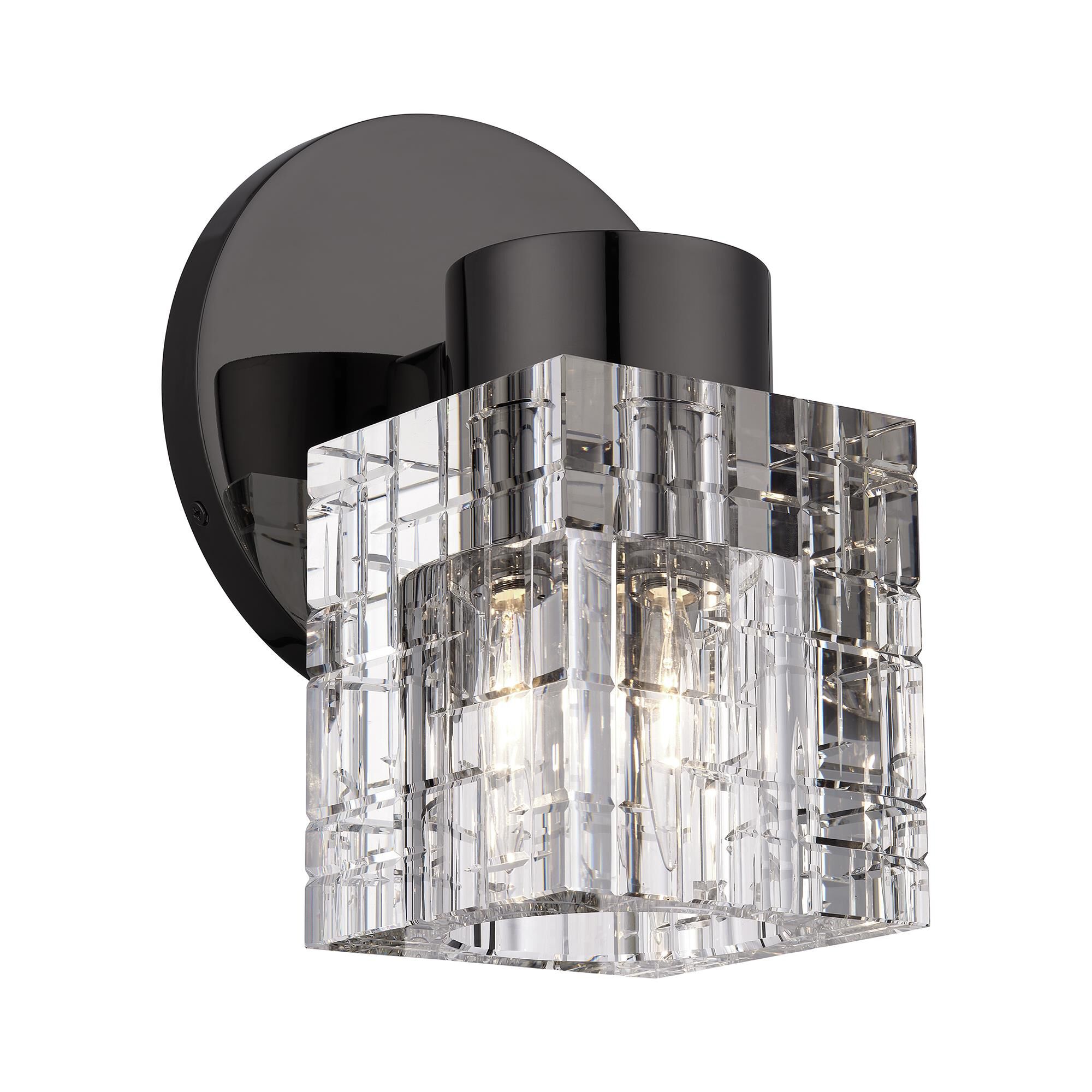 Shown in Black Chrome finish and Crystal glass