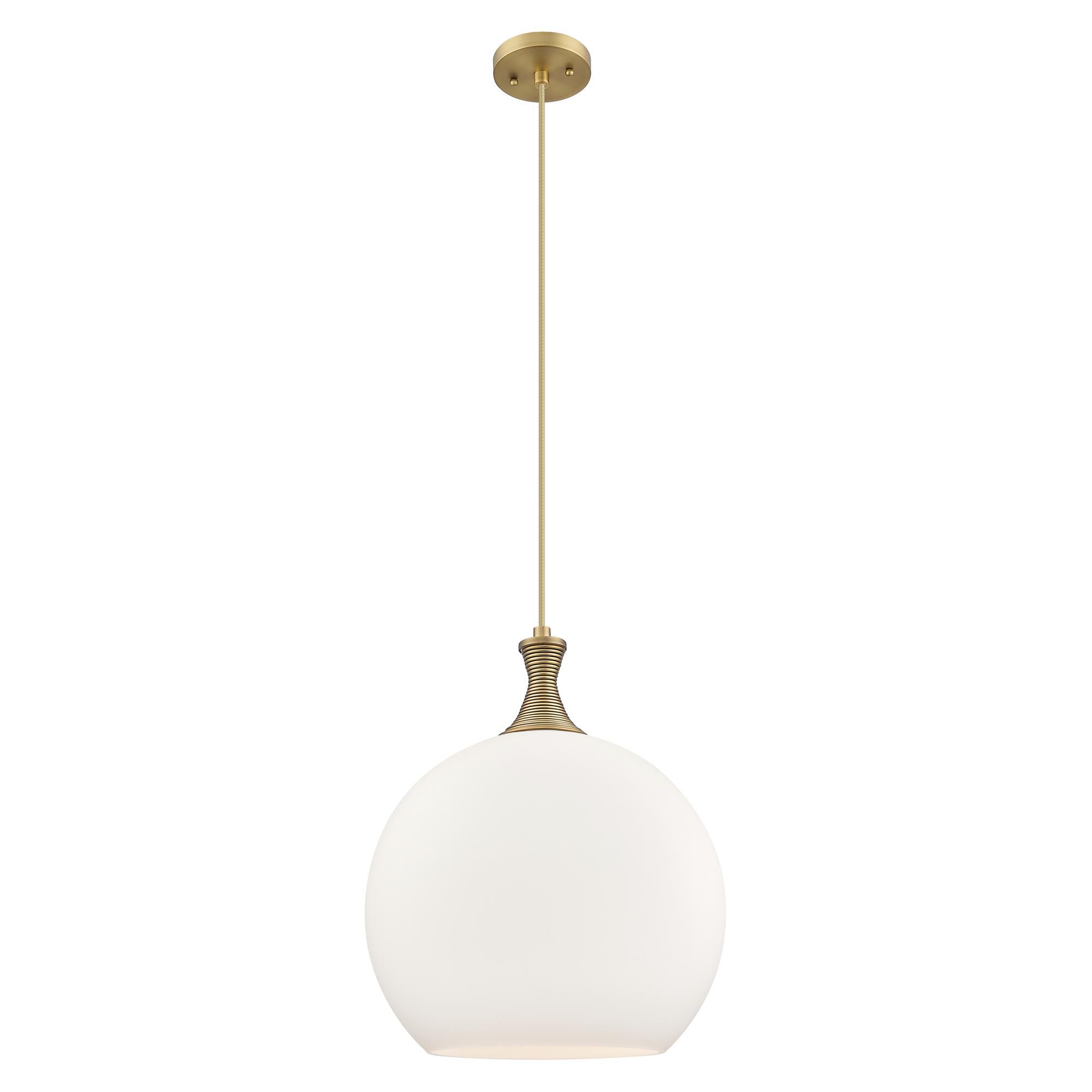 Shown in Brushed Brass finish and Matte White glass