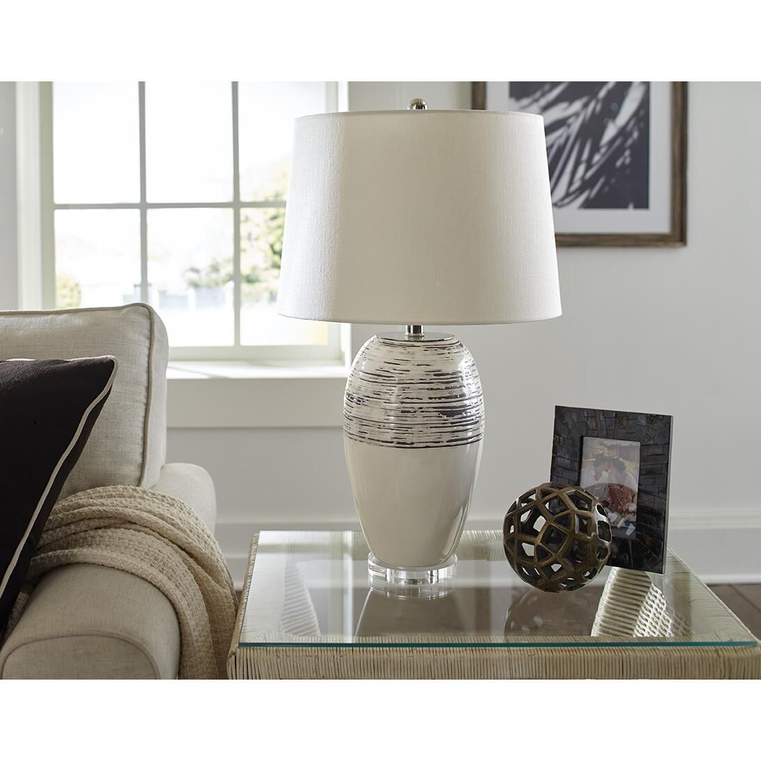 Shown in Polished Nickel finish and Seasalt glass and Seasalt Linen Tapered Drum shade