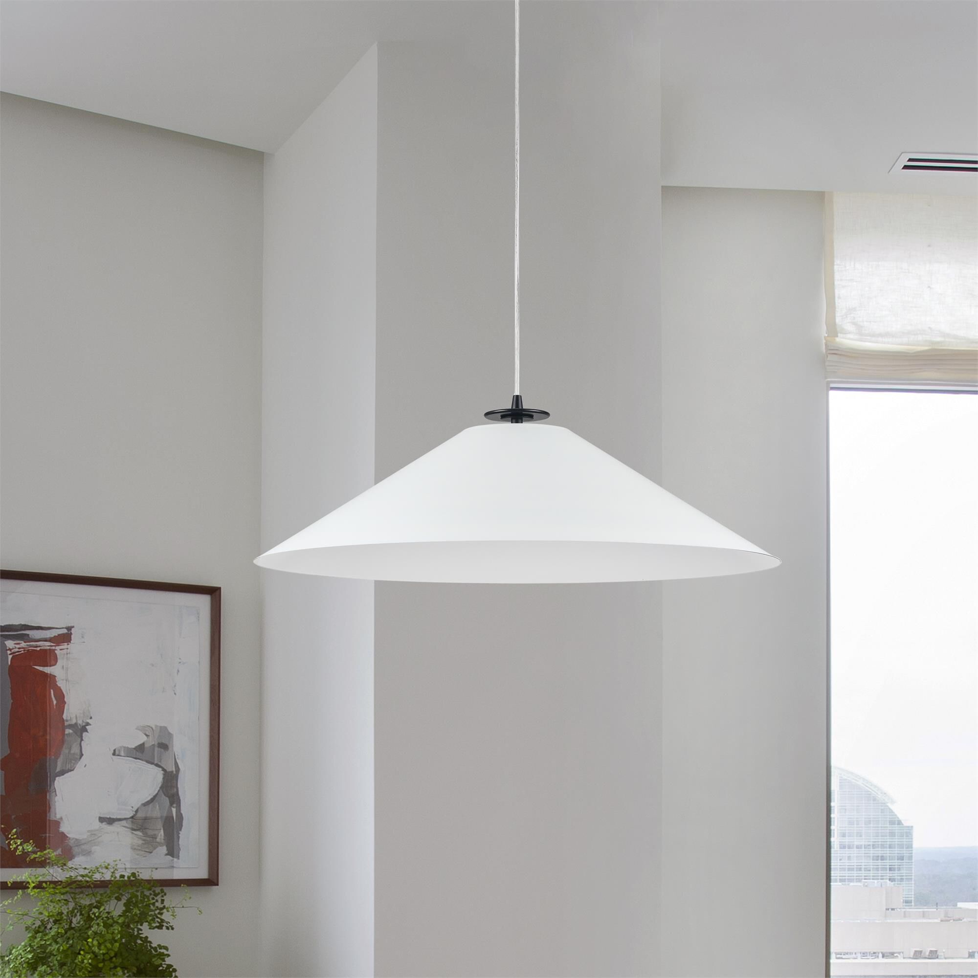 Shown in Matte White and Black finish and White Metal Cone shade