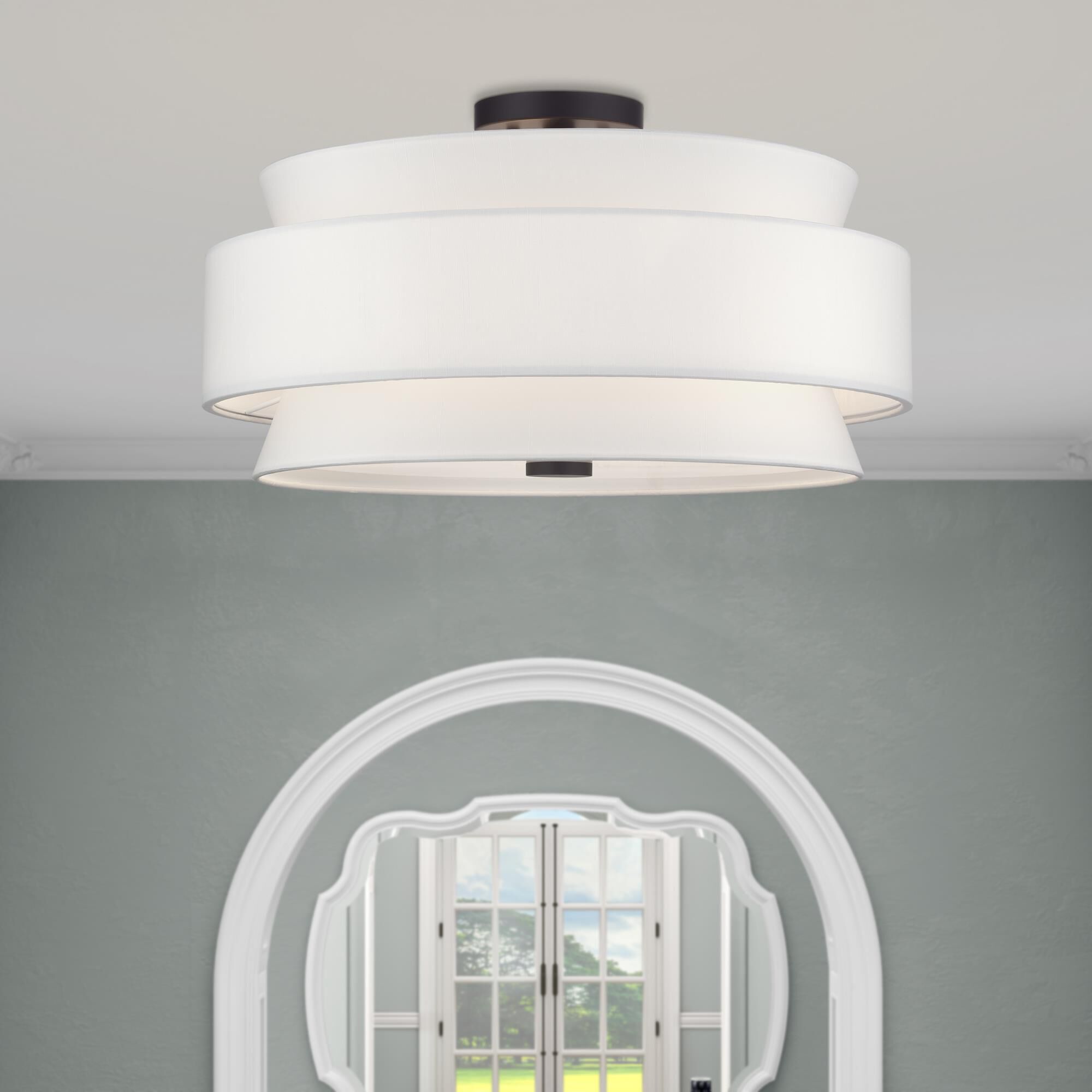 Shown in Bronze finish and Hand Crafted Off-White Fabric Hardbacks with White Fabric Inside shade