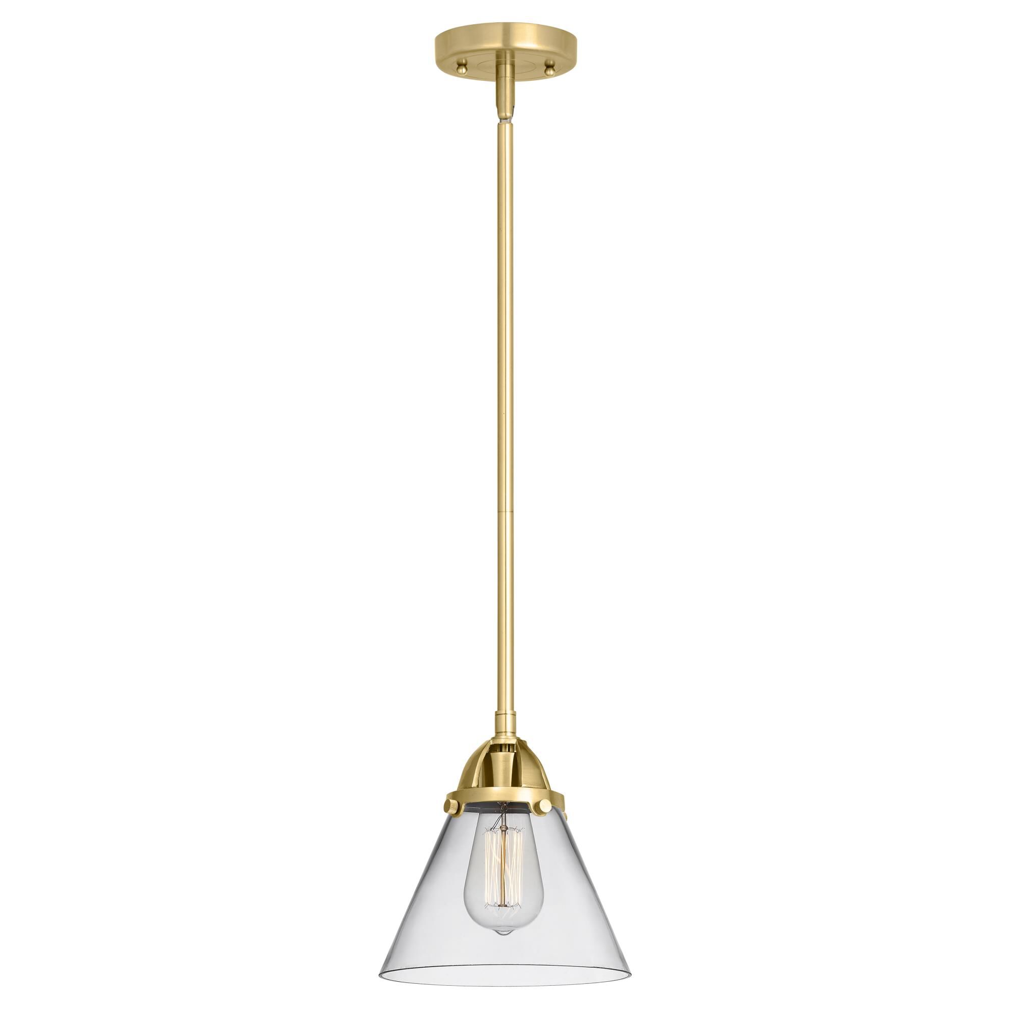 Shown in Satin Gold finish and Clear Large Cone glass and No Shade shade