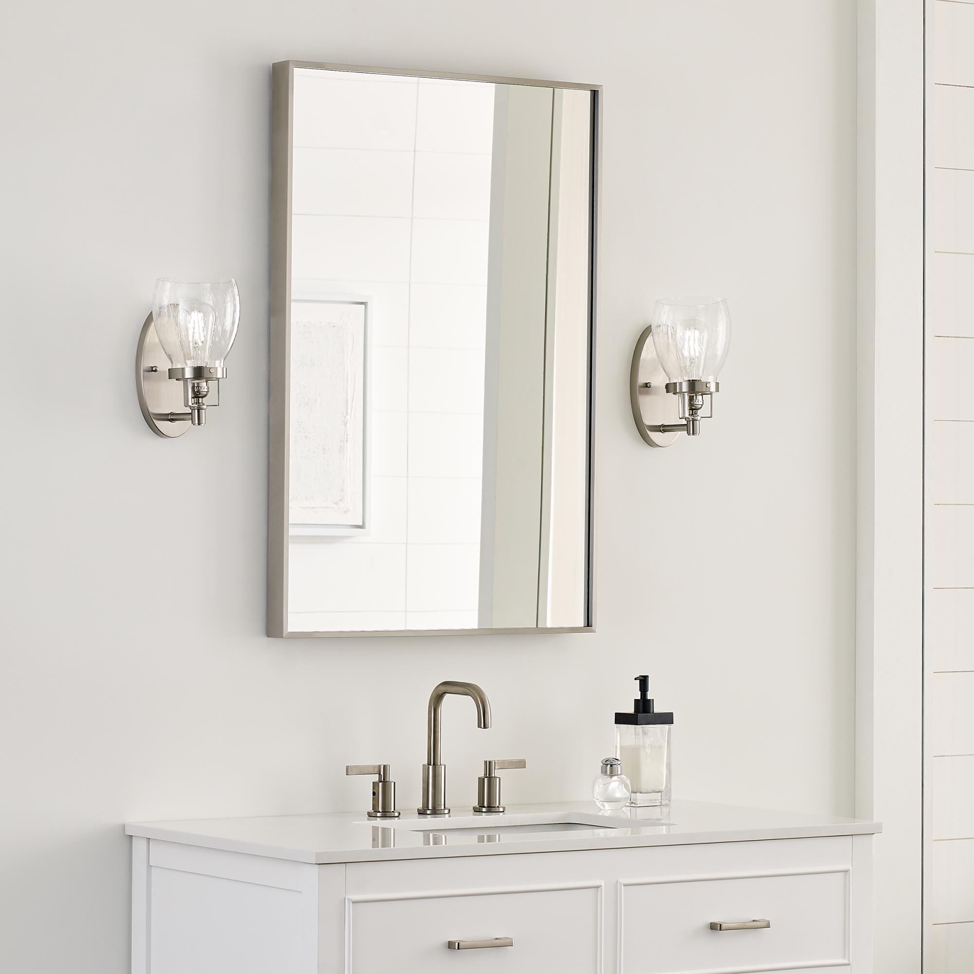 Shown in Brushed Nickel finish and Clear Seeded  Shade glass and Clear Seeded Glass shade