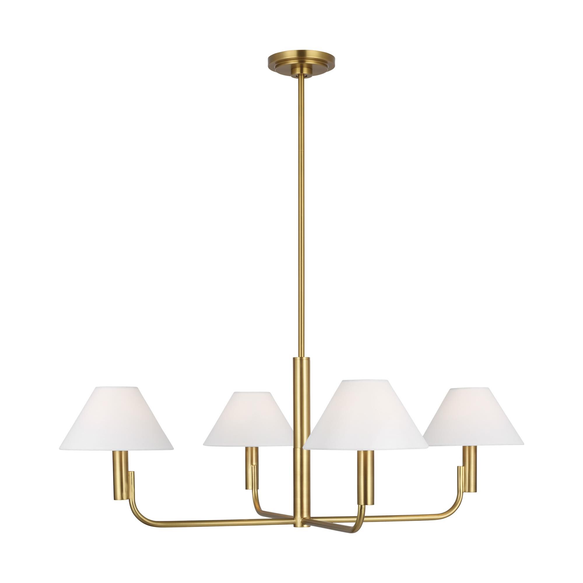 Shown in Burnished Brass finish and White Linen shade