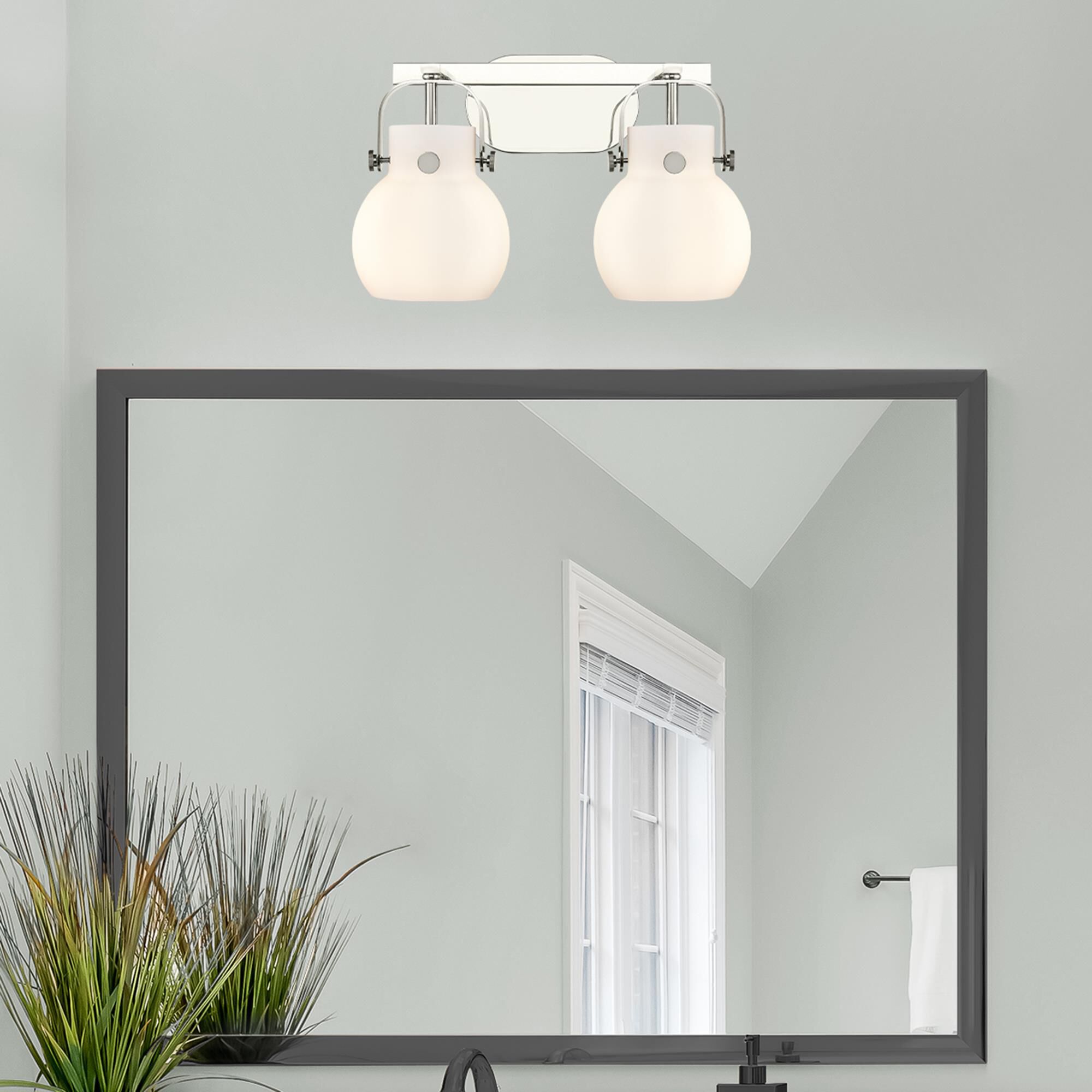 Shown in Polished Nickel finish and Matte White glass