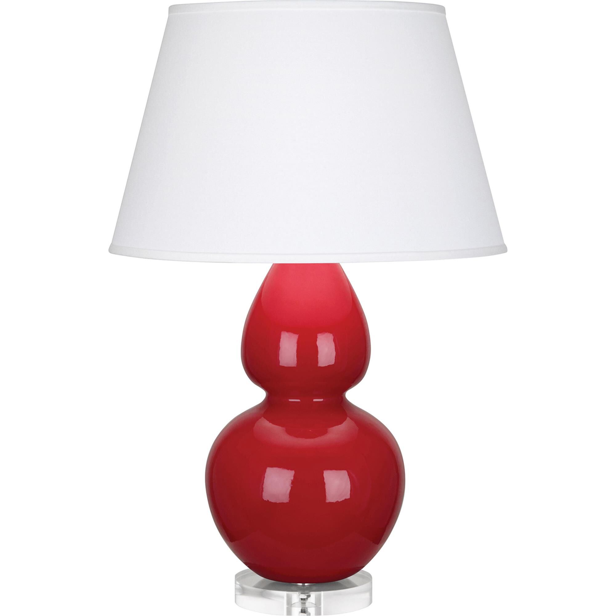 Shown in Ruby Red Glazed Ceramic With Lucite Base finish and Pearl Dupioni Fabric shade