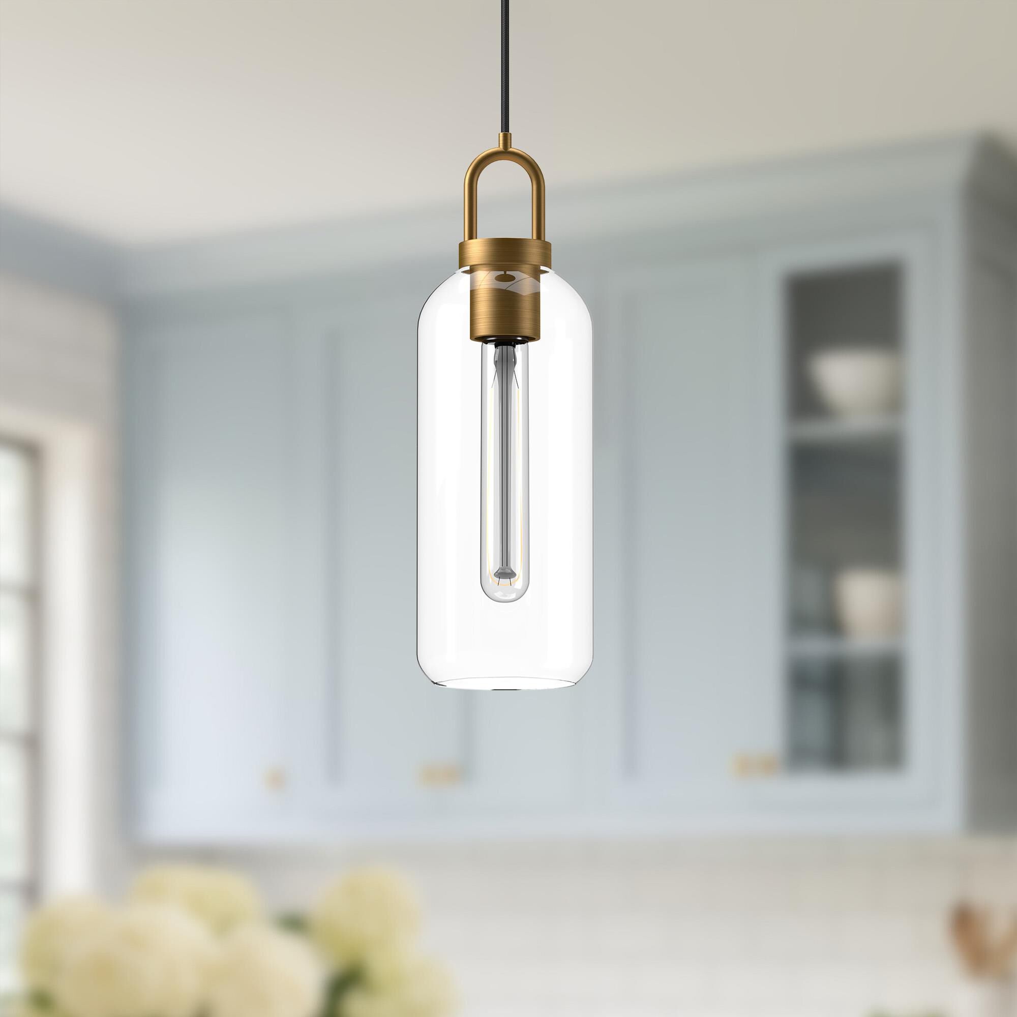 Shown in Aged Gold finish and Clear glass and Black Braided Cord accent