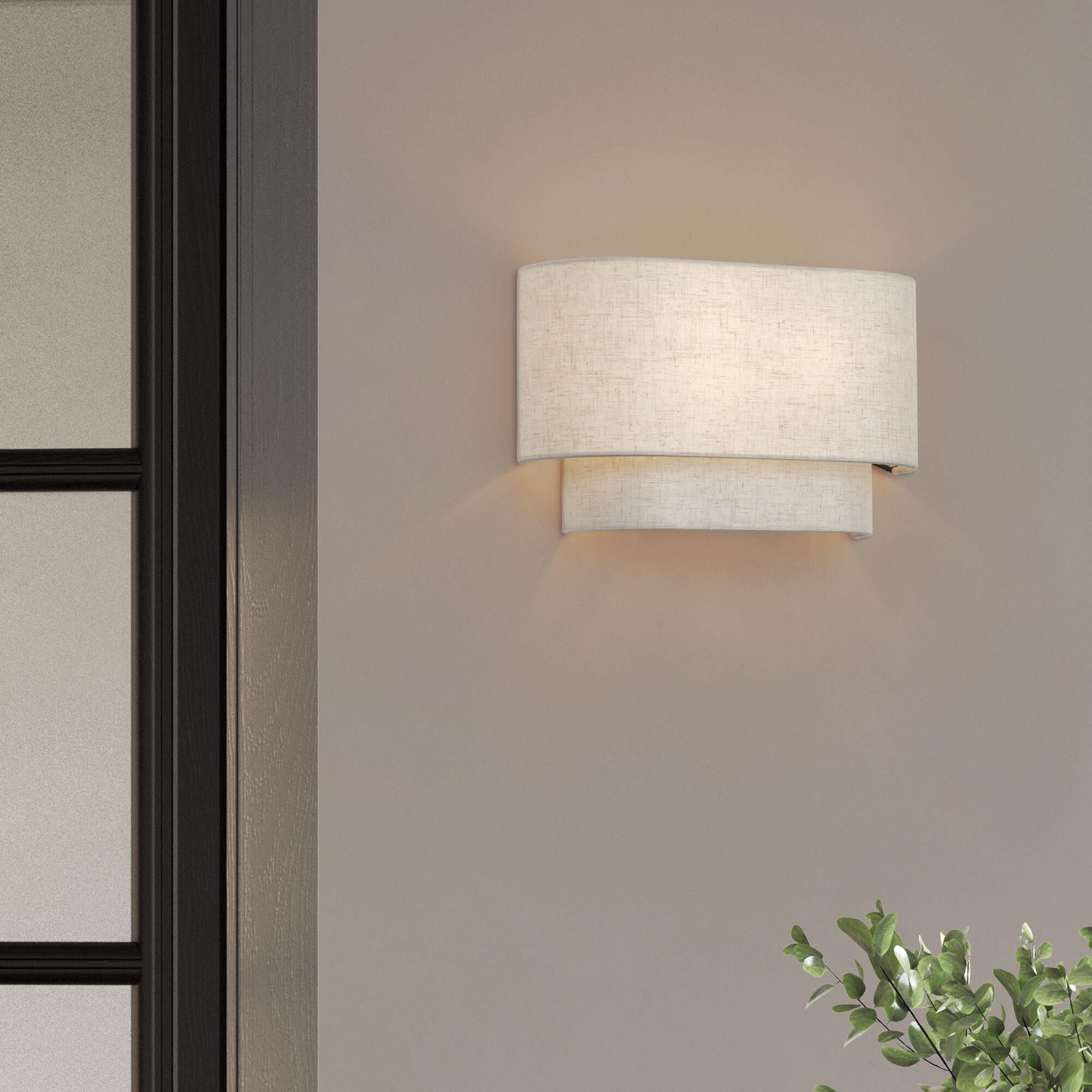 Shown in English Bronze finish and Hand Crafted Oatmeal Color Fabric with White Color Inside shade