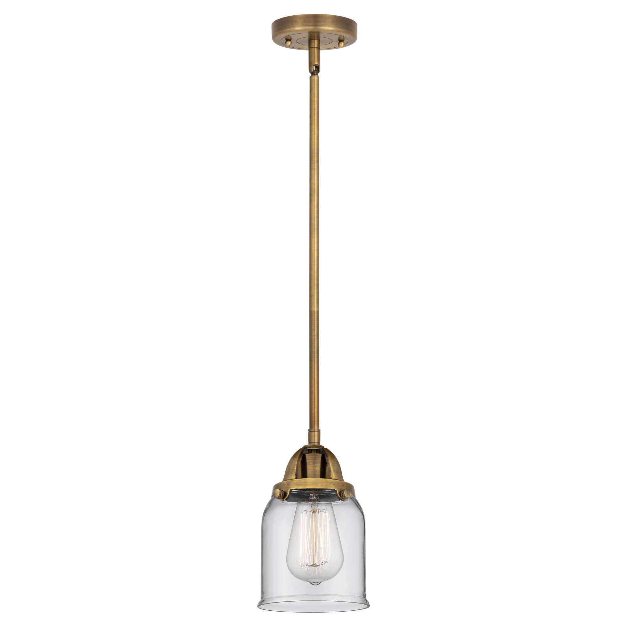 Shown in Brushed Brass finish and Clear Small Bell glass and No Shade shade