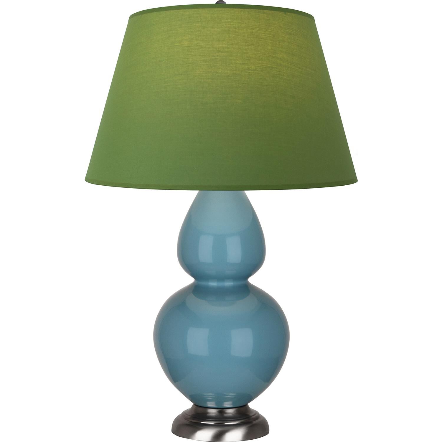 Shown in Steel Blue finish and Tea Green and Taupe shade and Antique Silver accent