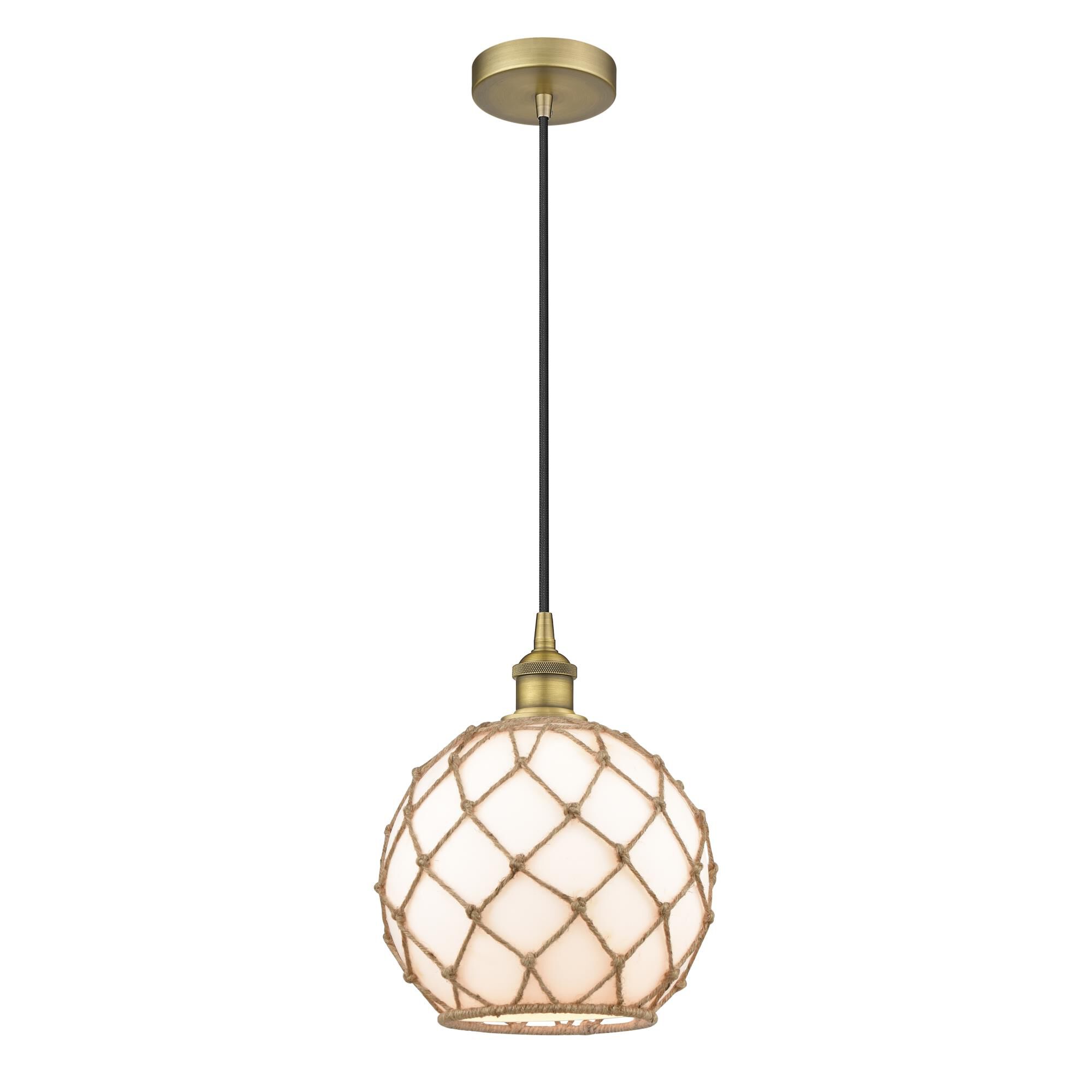 Shown in Brushed Brass finish and White Large Farmhouse  With Brown Rope glass