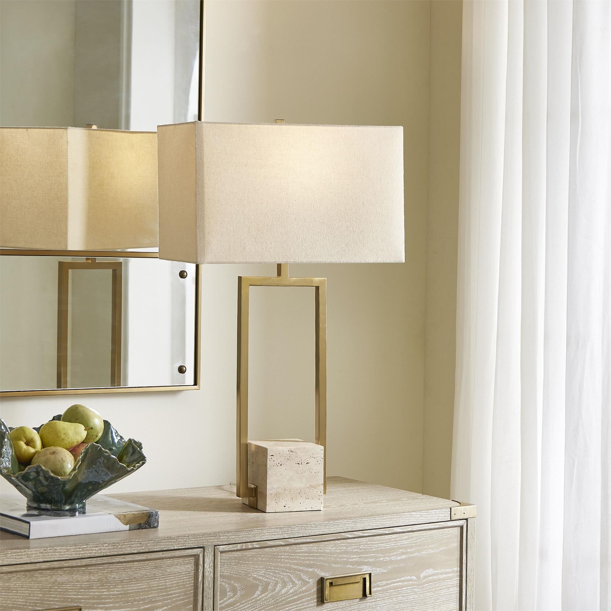 Shown in Brass and Gold finish and Rectangle Drum with Liner shade