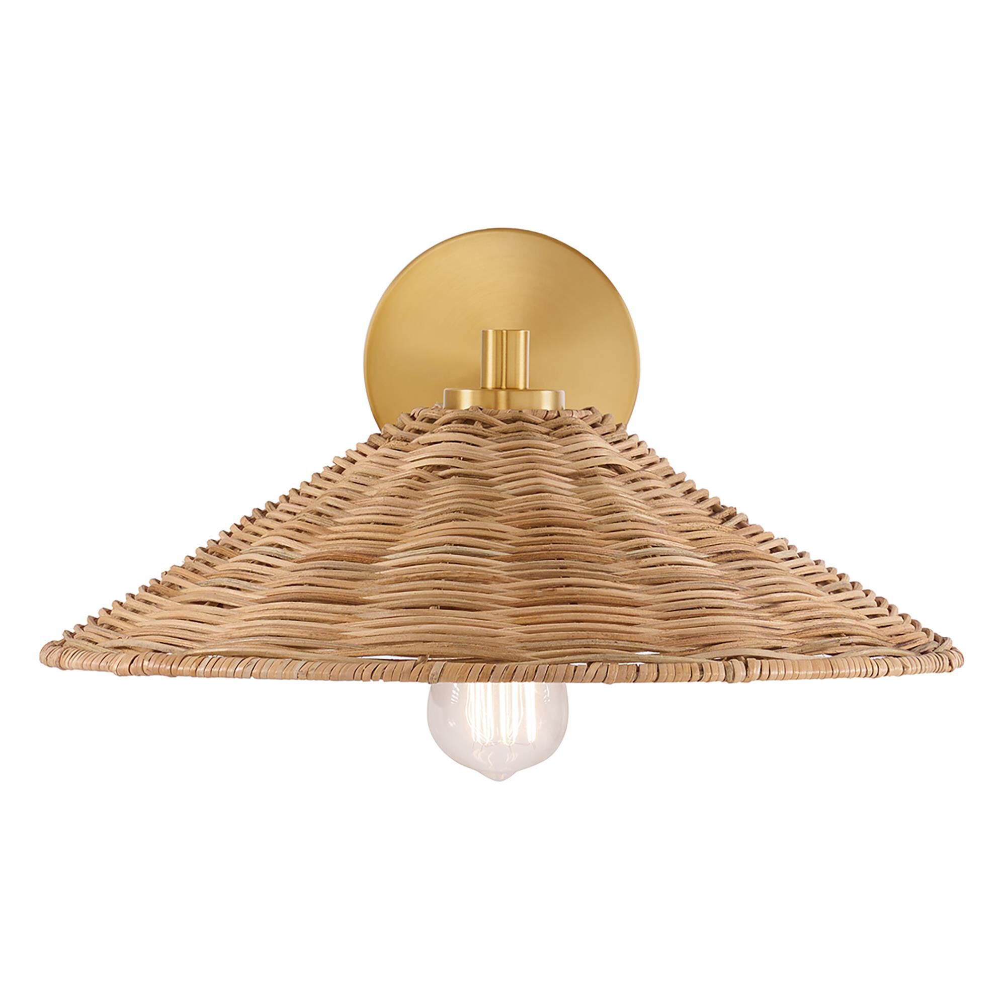 Shown in Natural Brass finish and Natural Rattan shade