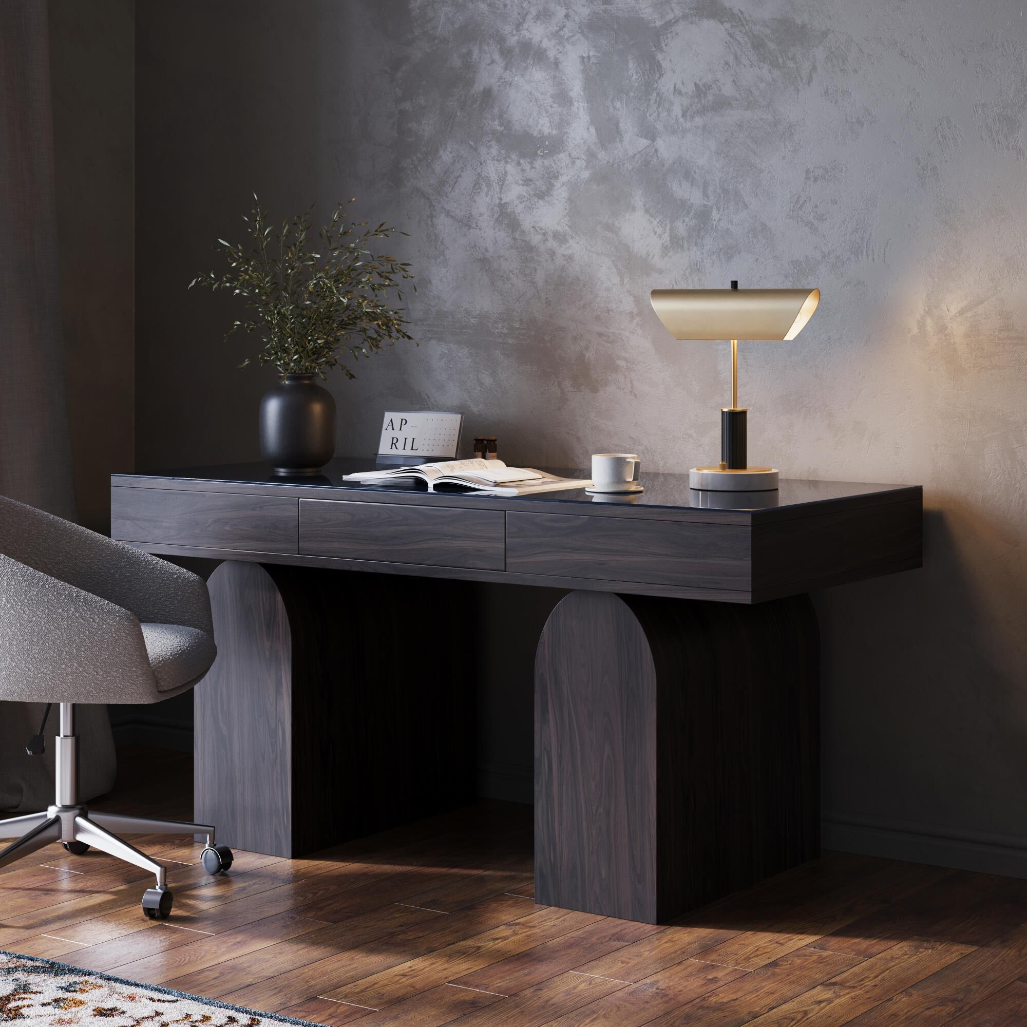 Shown in Plated Brass finish and Brown Leather shade