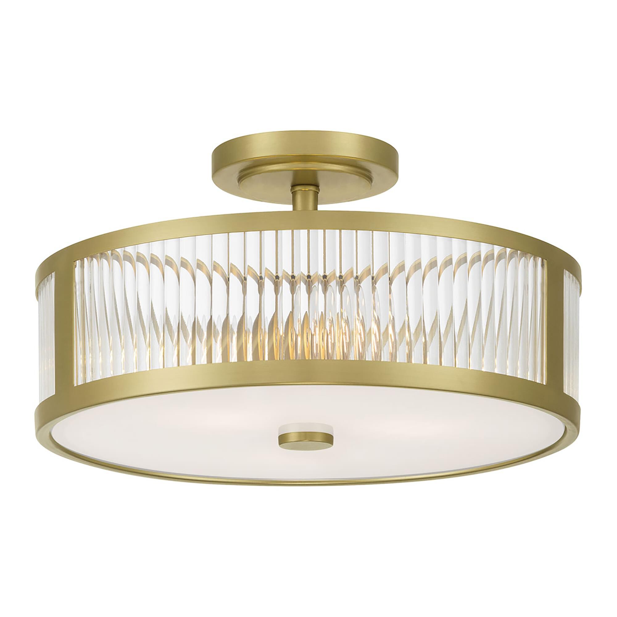 Shown in Vintage Brass finish and Clear Ribbed glass