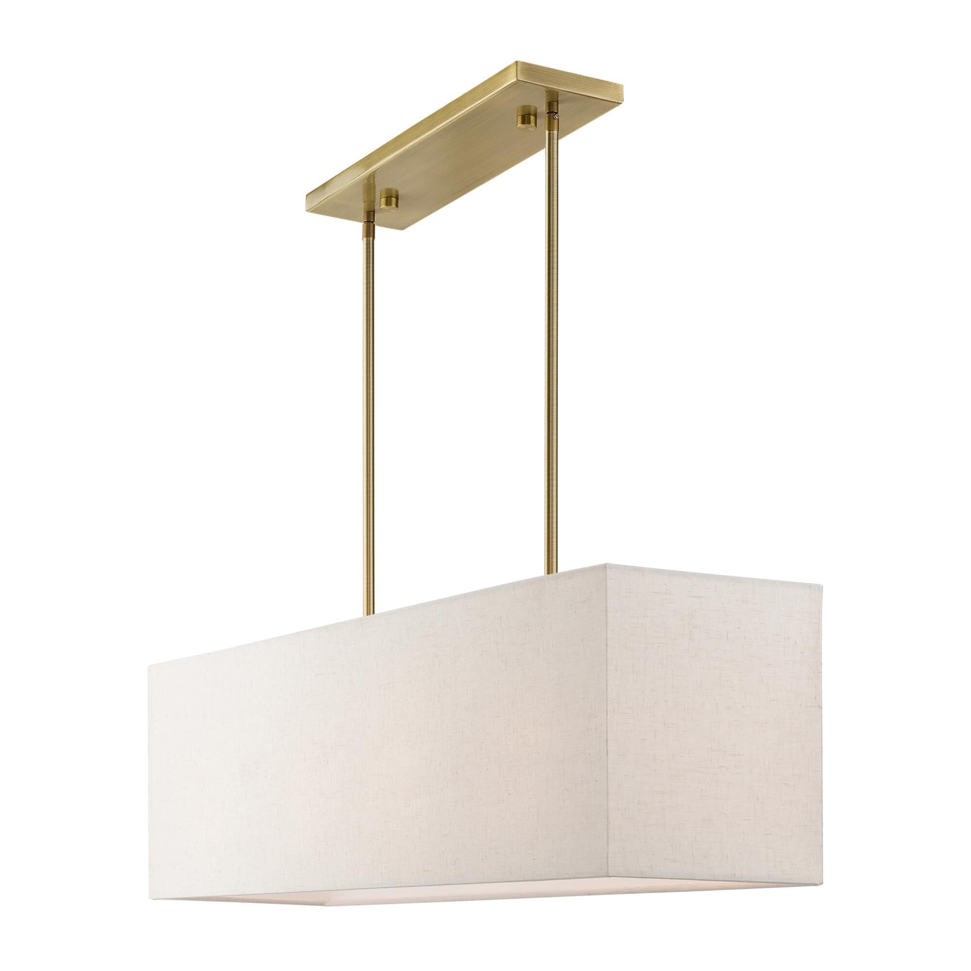 Shown in Antique Brass finish and Hand Crafted Oatmeal Color Hardback Fabric With White Fabric Inside shade
