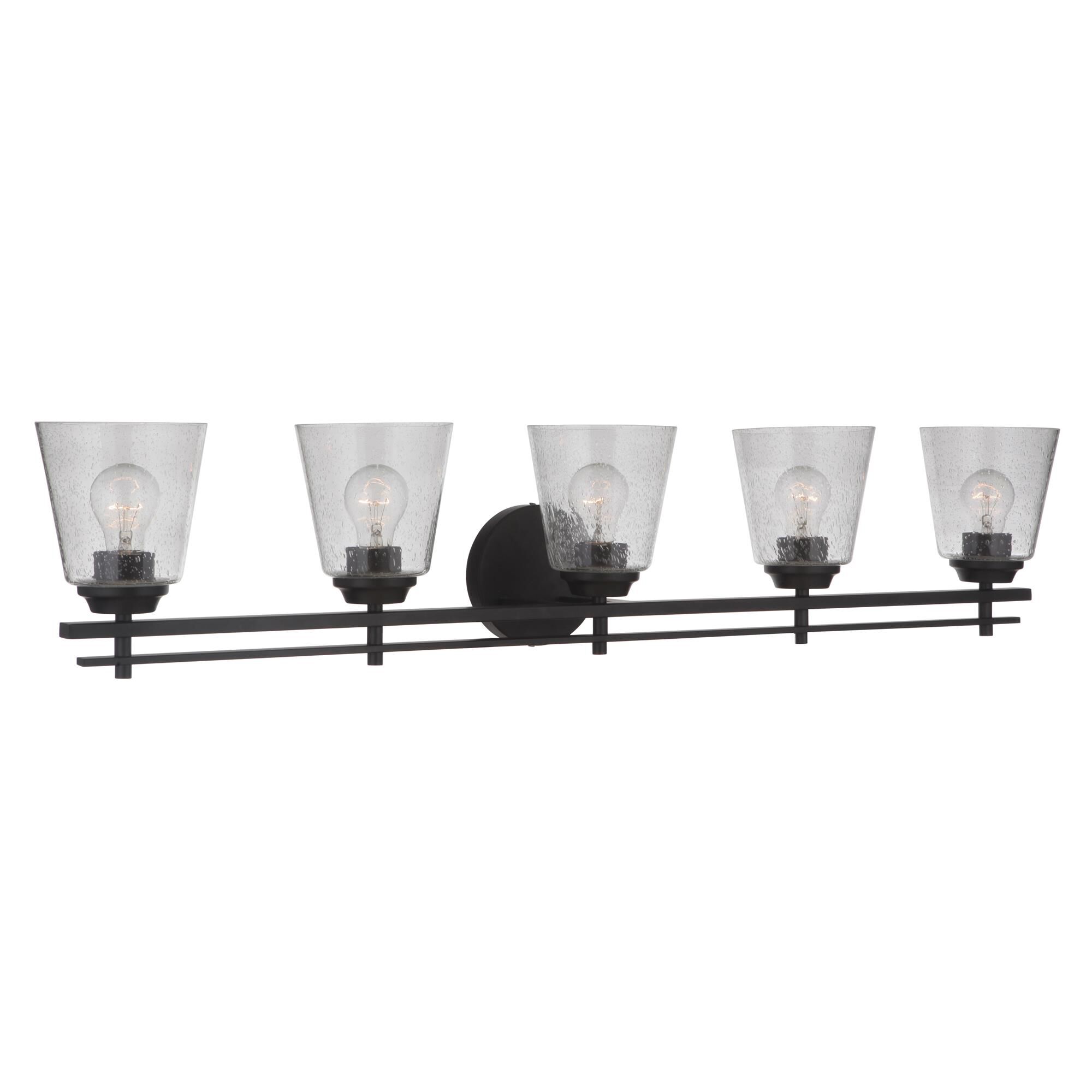 Shown in Flat Black finish and Clear Seeded glass and Glass shade