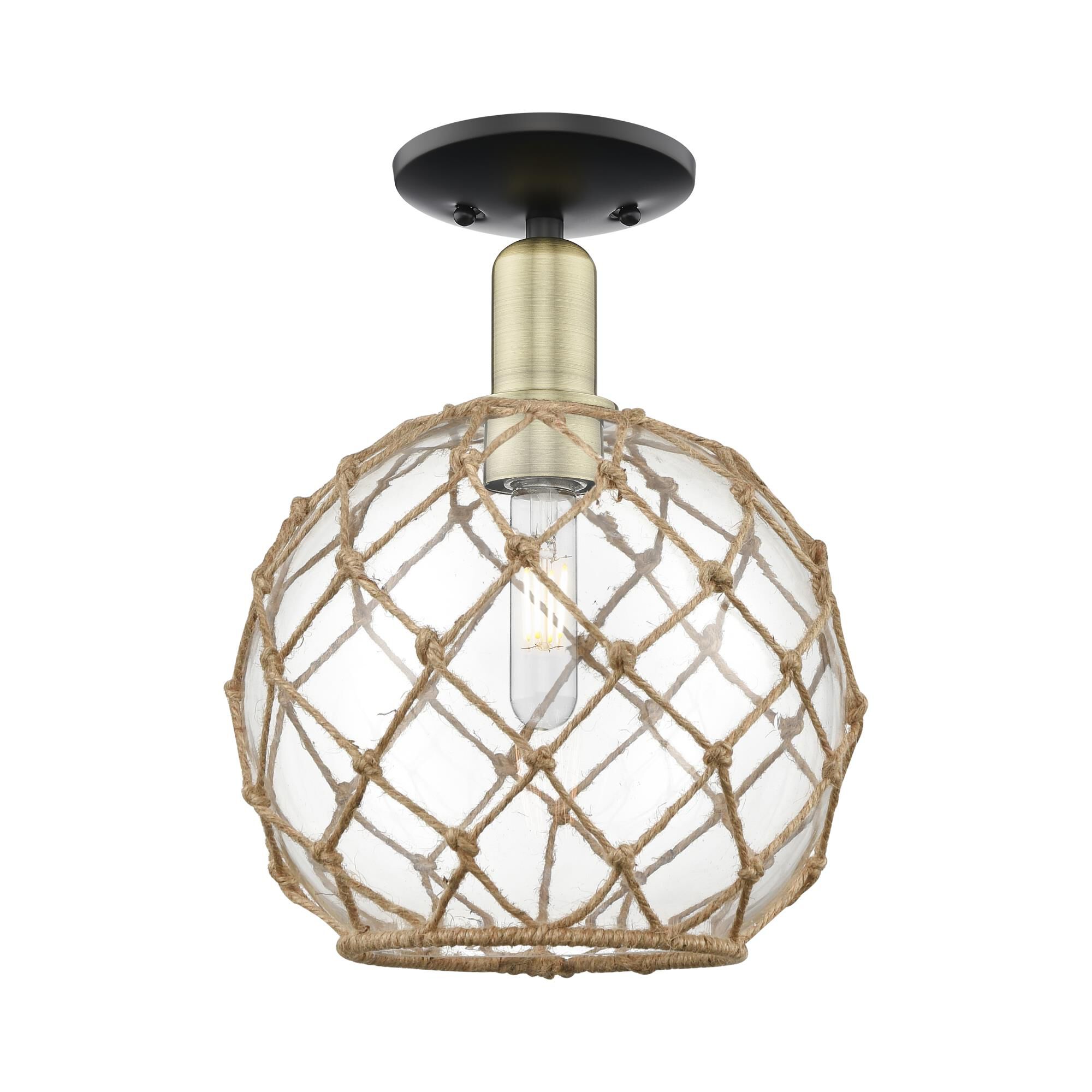 Shown in Black Antique Brass finish and Clear with Brown Rope glass