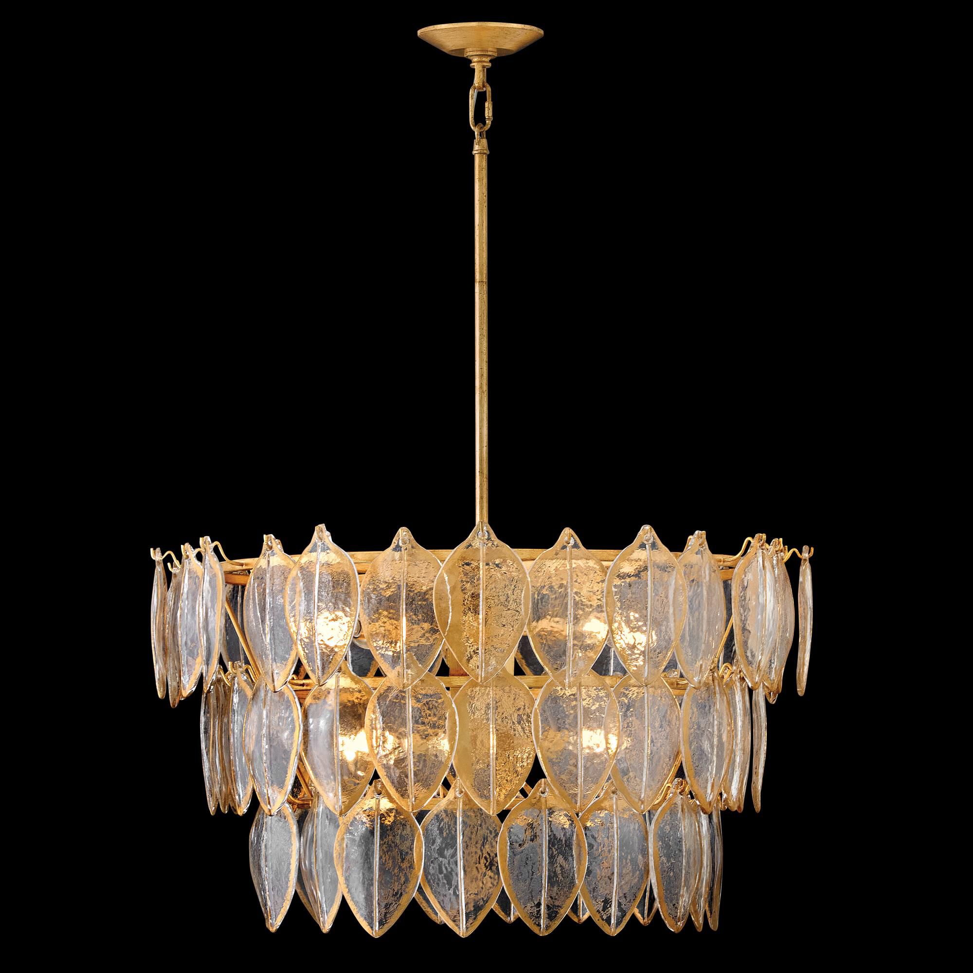 Shown in Distressed Brass finish and Clear Pressed glass