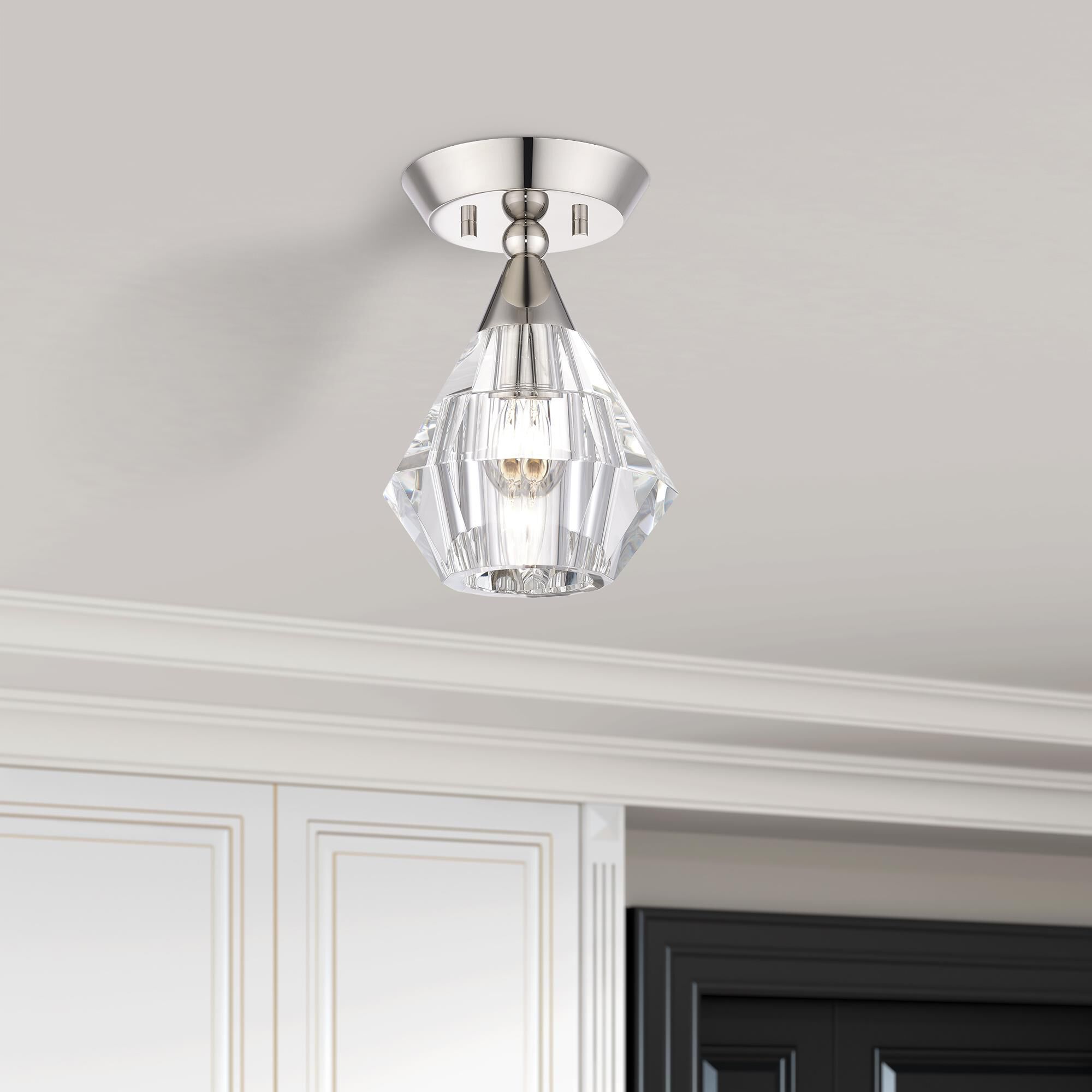 Shown in Polished Nickel finish and Crystal glass