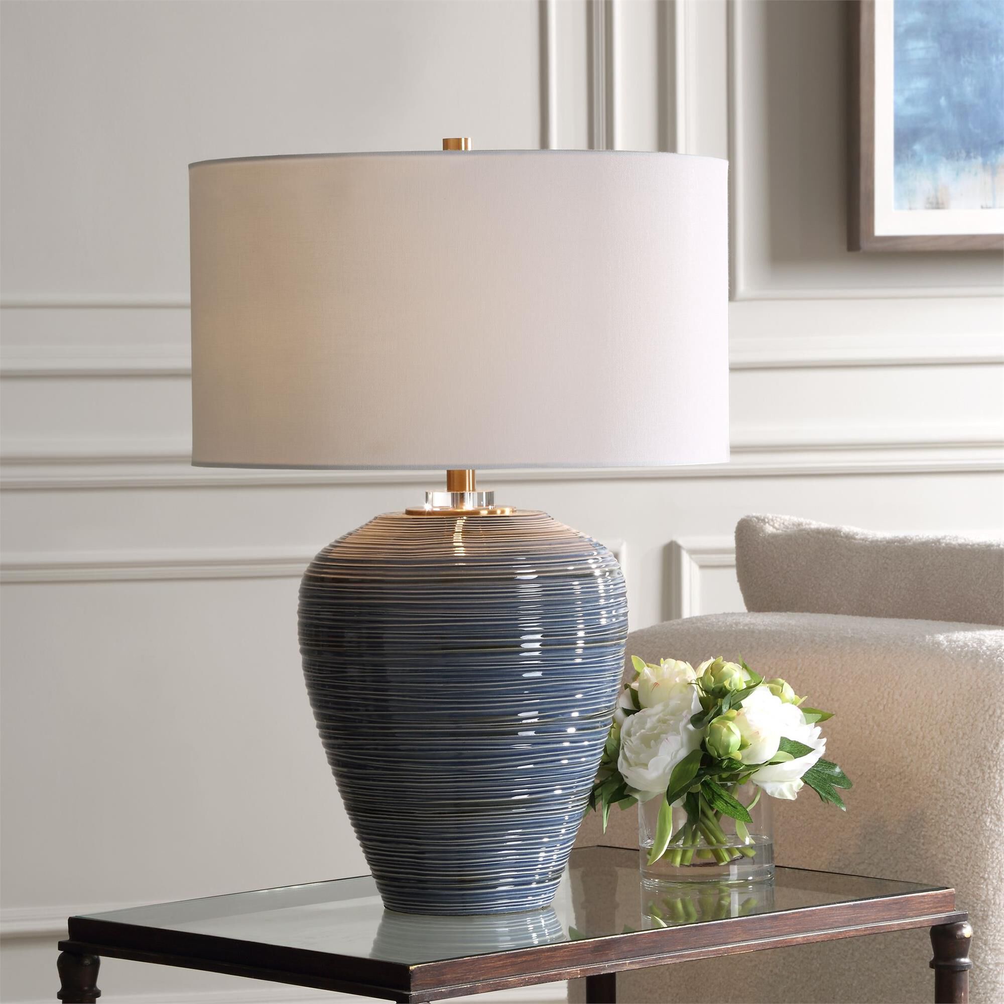 Shown in Illuminate Your Space With This Stunning Table Lamp, Featuring An Organically Ribbed Texture, Finish finish and Round Drum Hardback shade