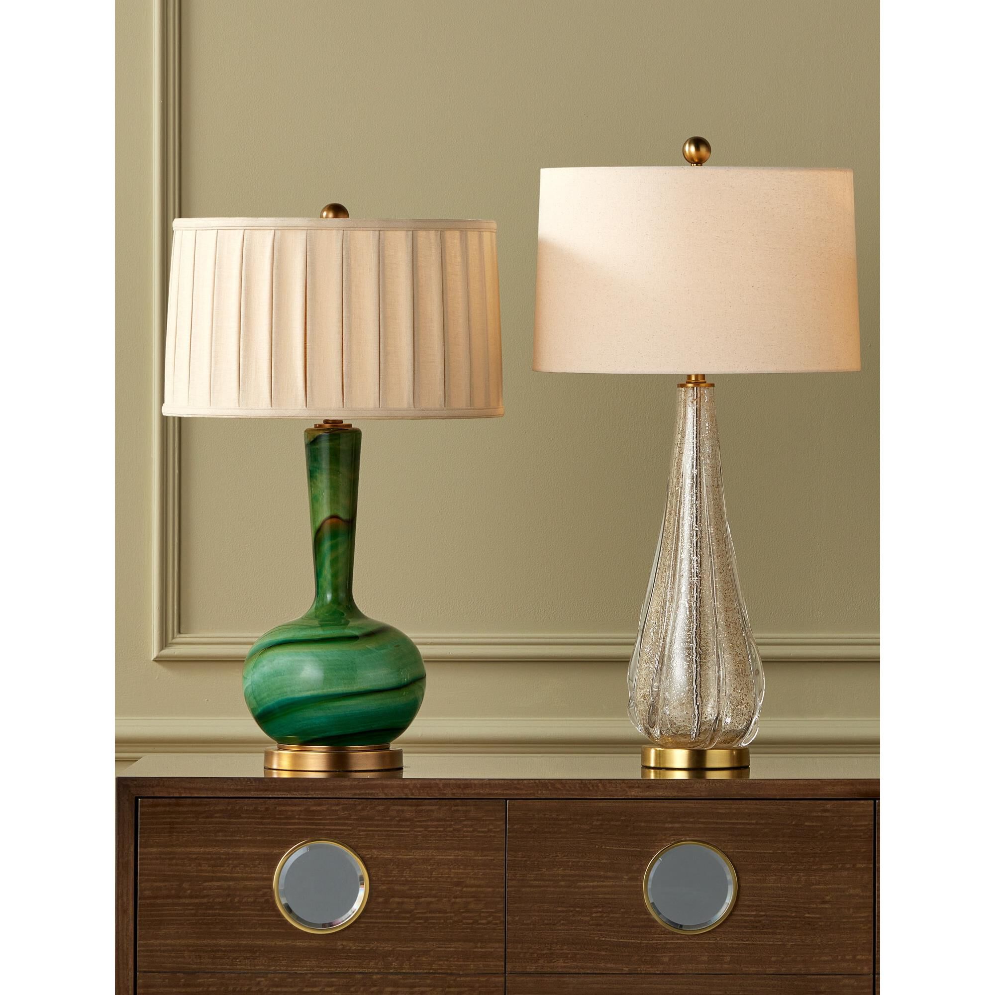 Shown in Green and Antique Brass finish and Beige Linen shade
