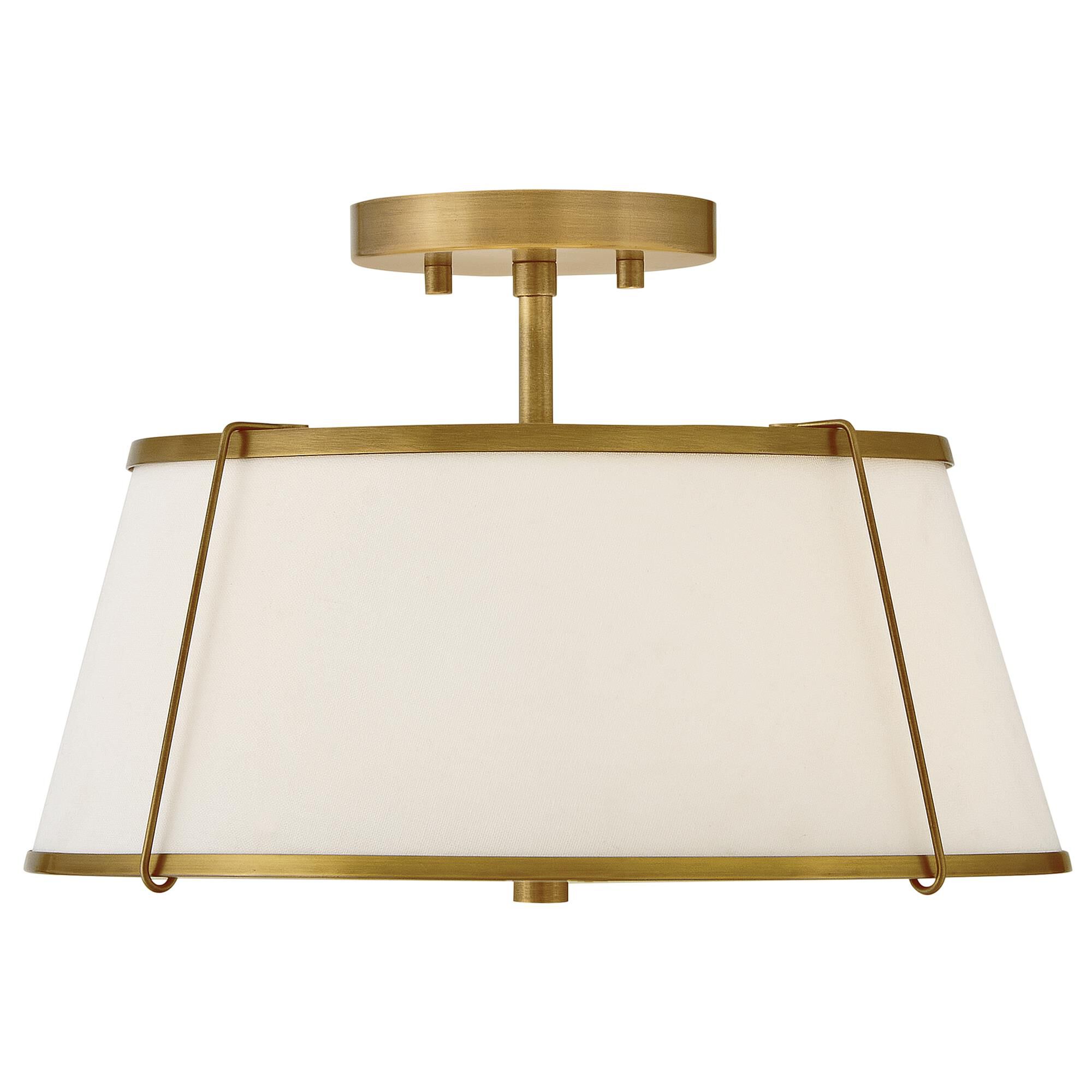 Shown in Lacquered Dark Brass finish and Off-White Linen shade
