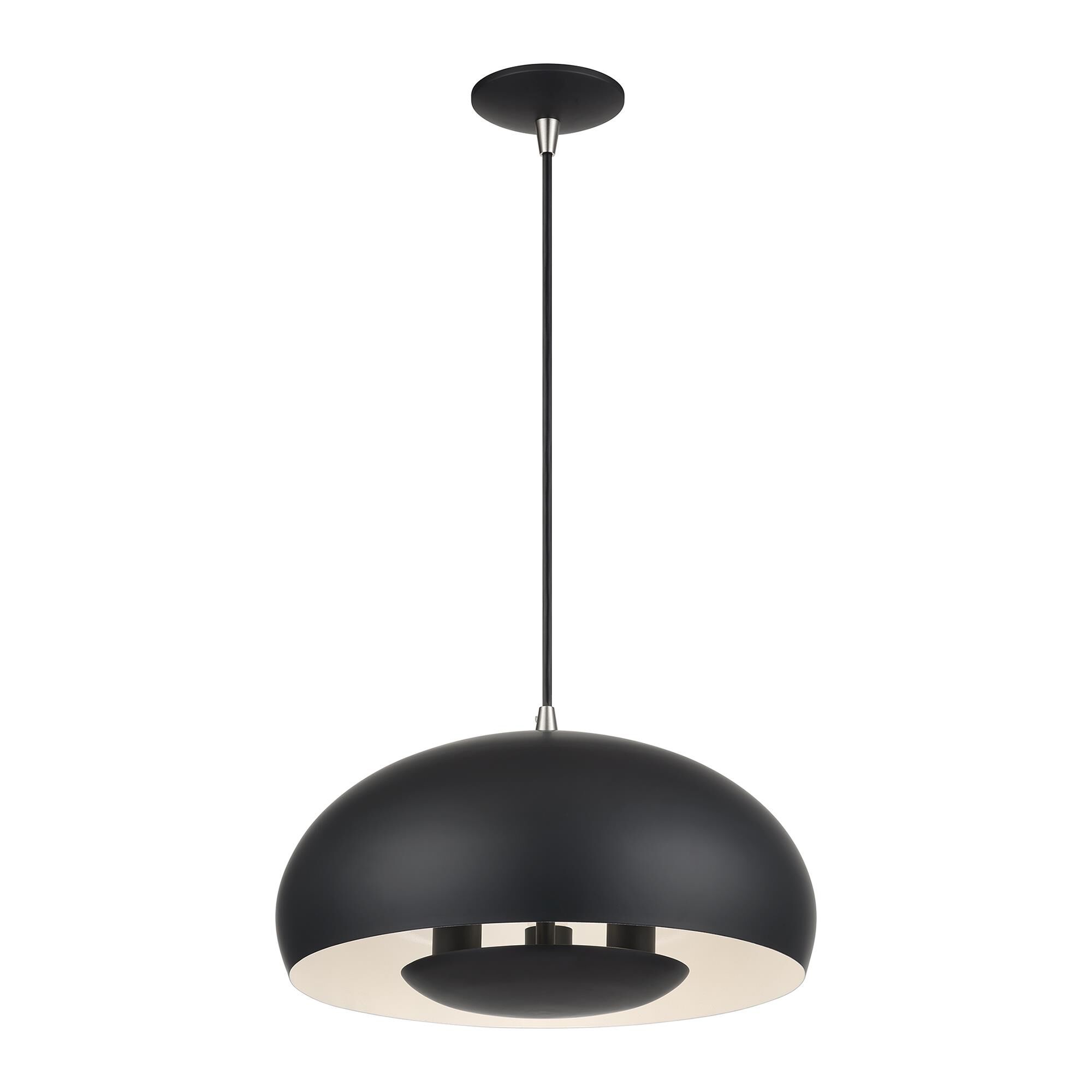 Shown in Black with Brushed Nickel Accents finish and Black Steel with Shiny White Inside shade