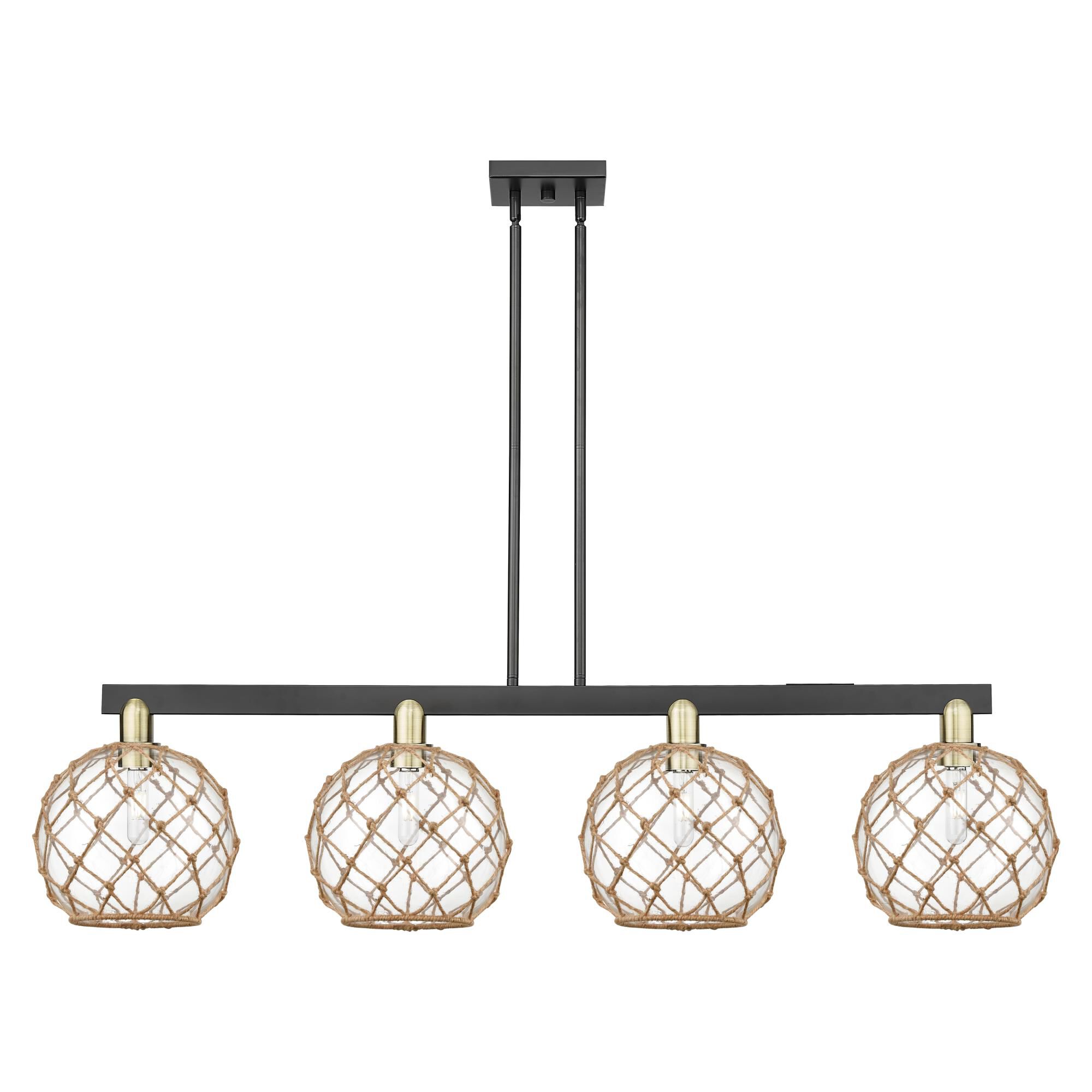 Shown in Black Antique Brass finish and Clear with Brown Rope glass