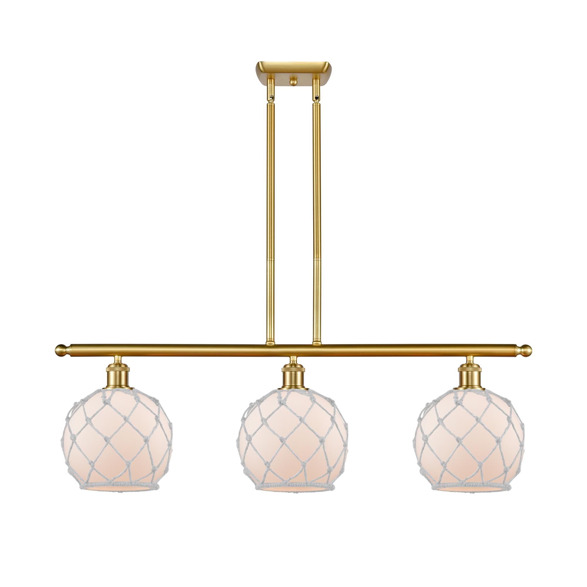 Shown in Satin Gold finish and White Farmhousewith White Rope glass