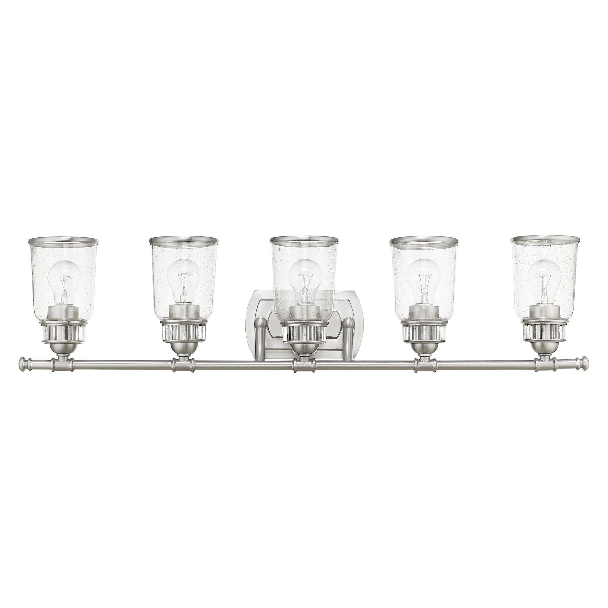 Shown in Brushed Nickel finish and Hand Blown Clear Seeded glass