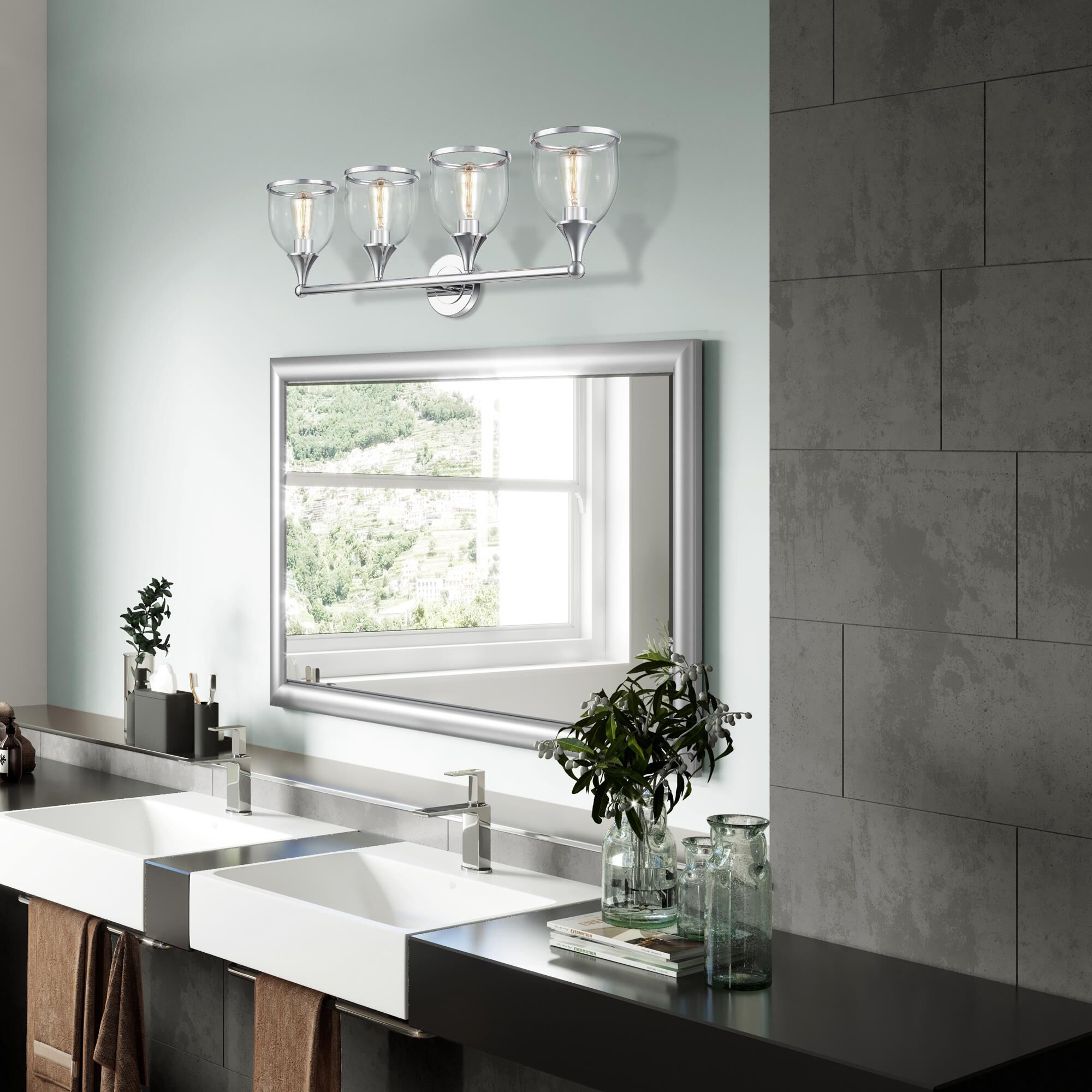 Shown in Polished Chrome finish and Mouth Blown Clear glass