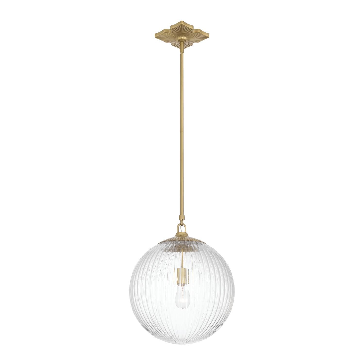 Shown in Aged Brass finish and Ribbed glass and Ribbed Glass shade