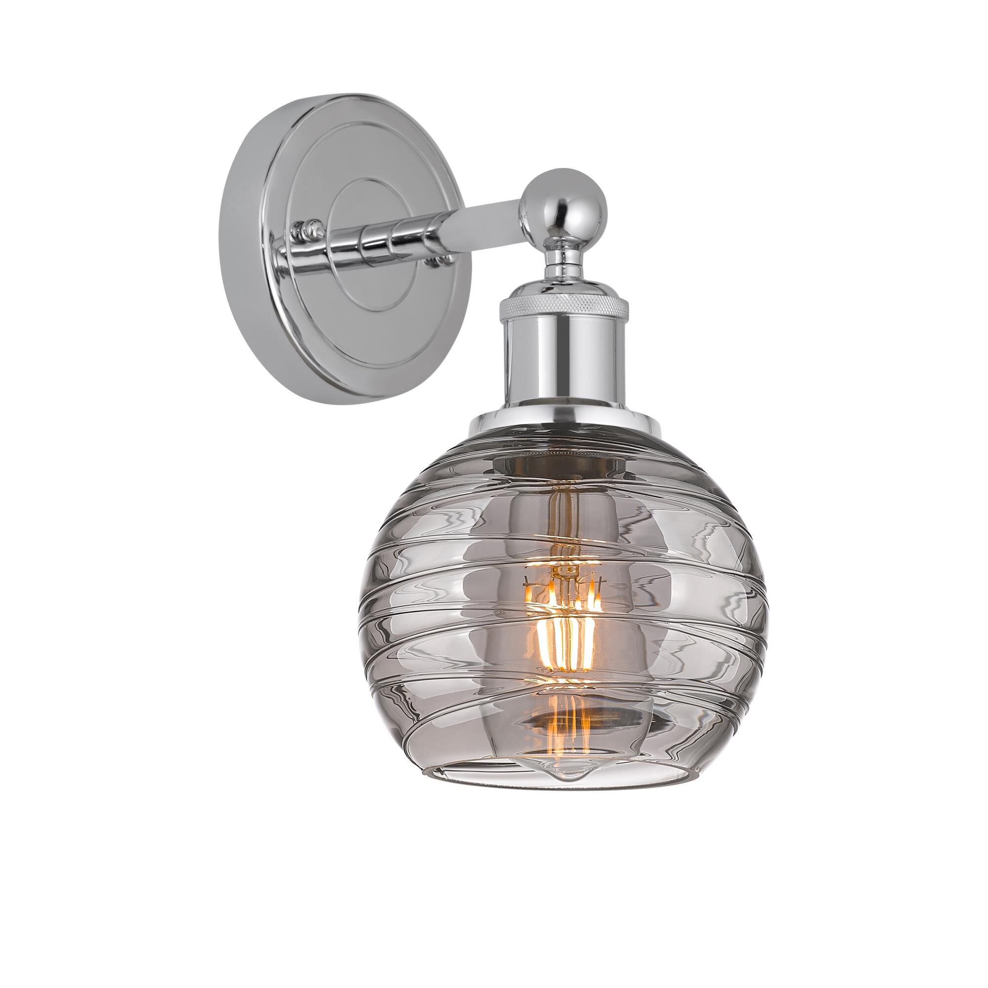 Shown in Polished Chrome finish and Light Smoke Deco Swirl glass
