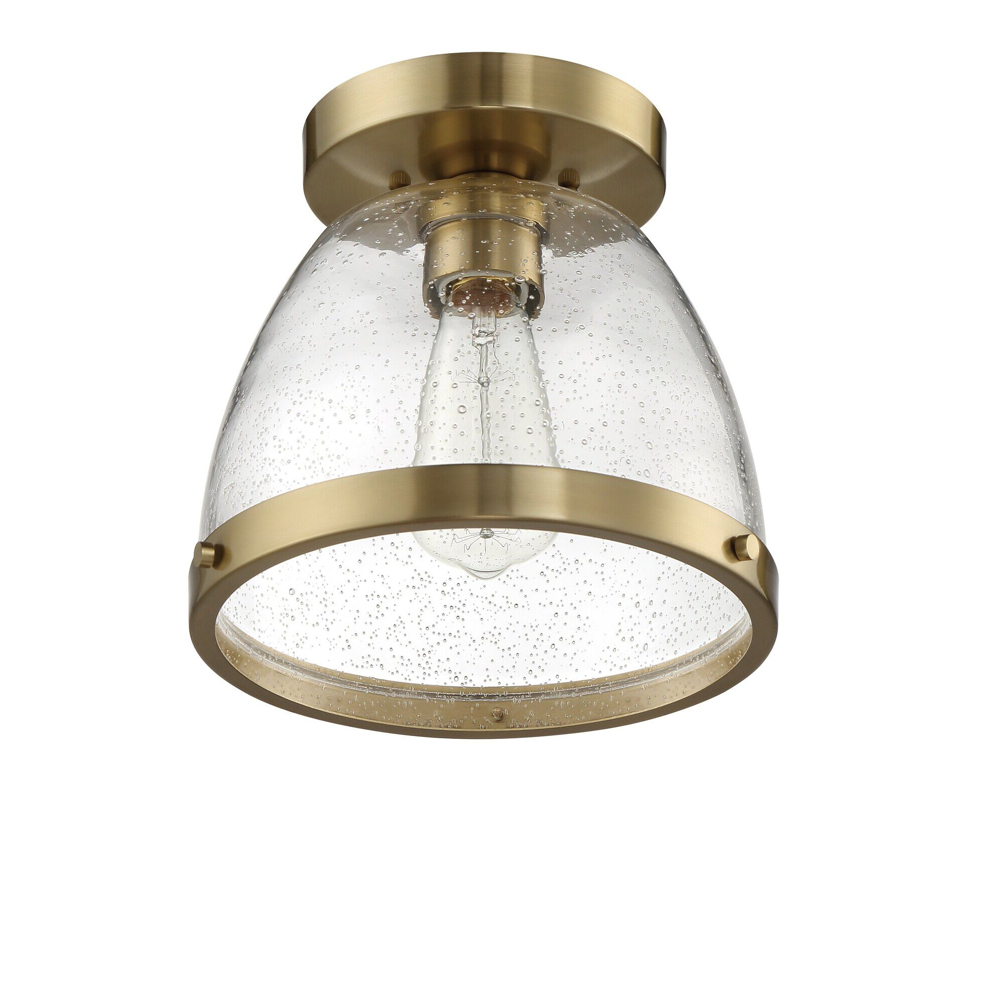 Shown in Satin Brass finish and Clear Seeded glass and Glass shade