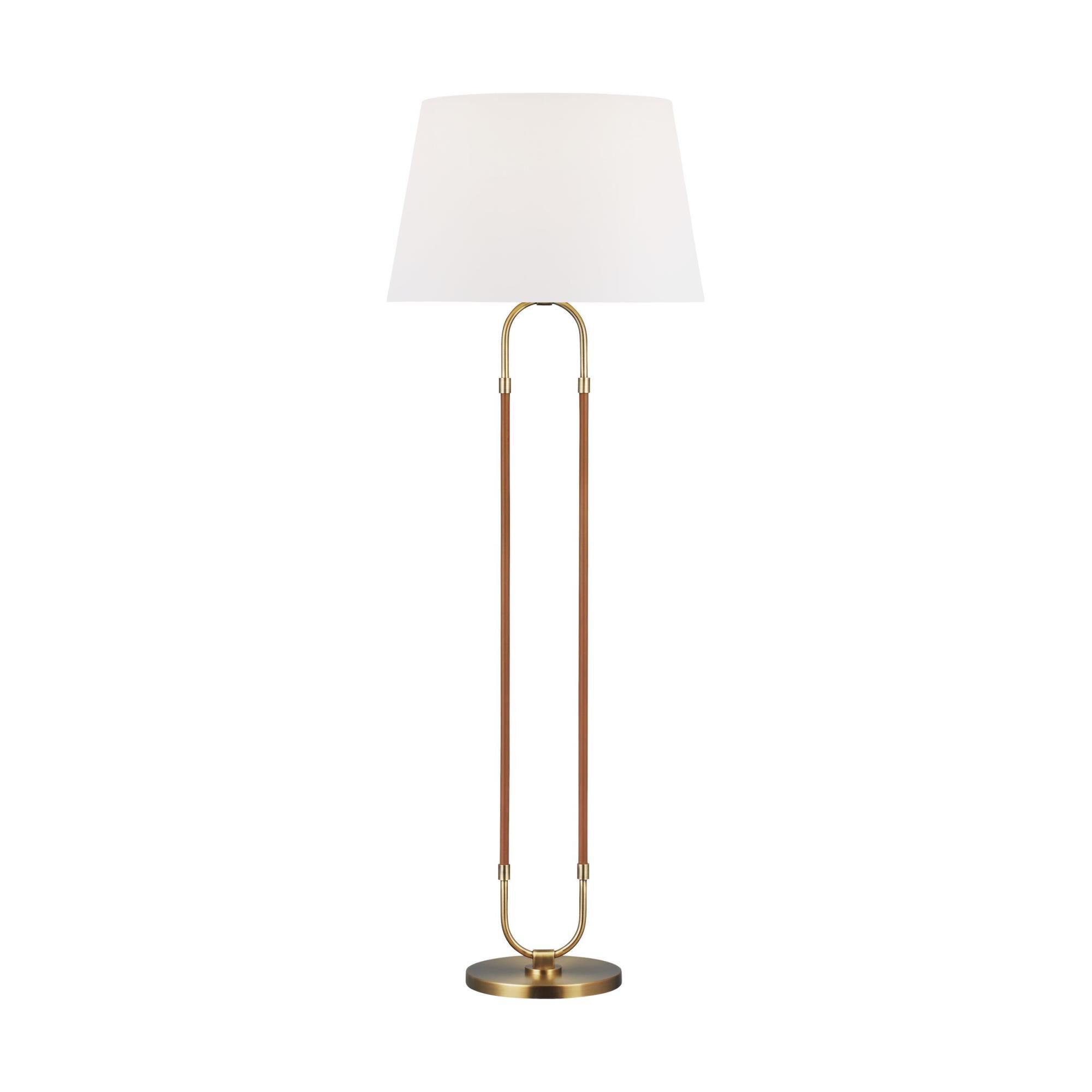 Shown in Time Worn Brass finish and White Linen Fabric shade