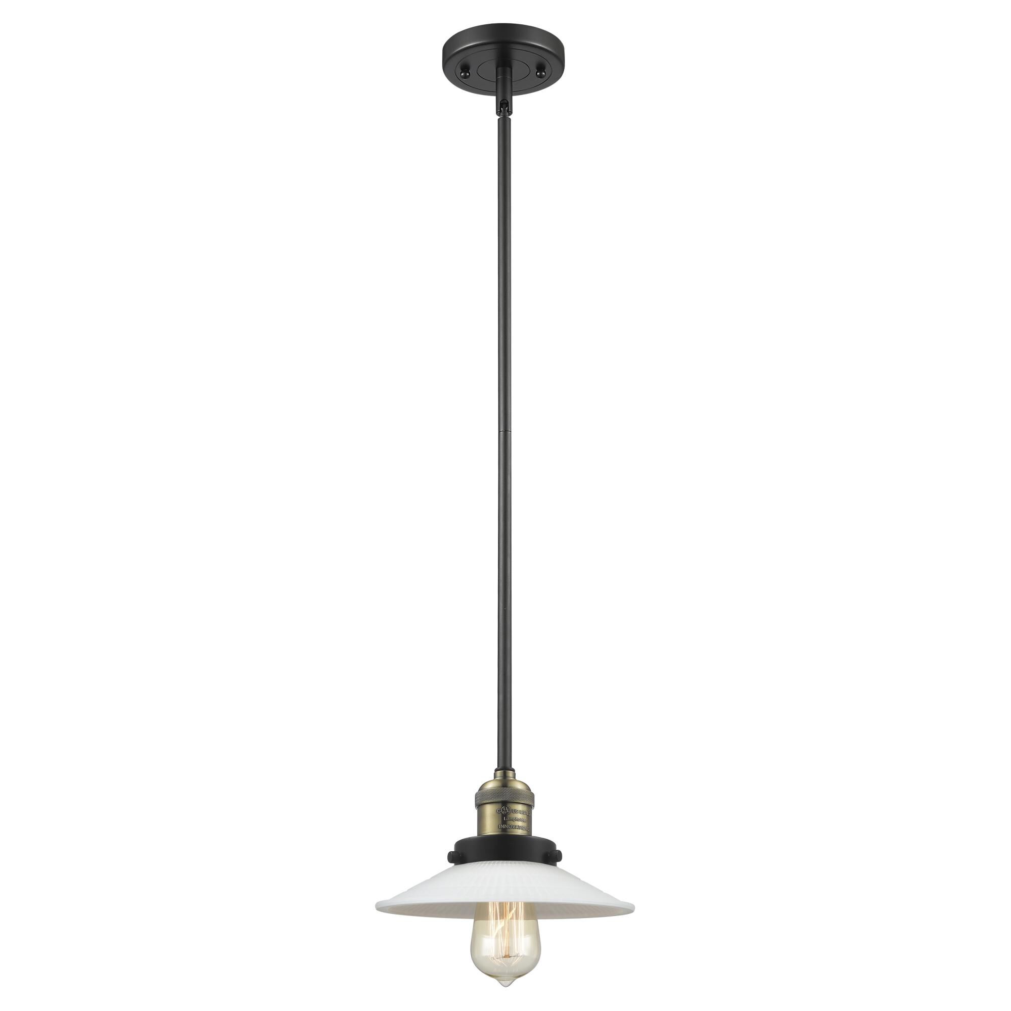 Shown in  Black Antique Brass finish and Matte White Halophane - Cone glass