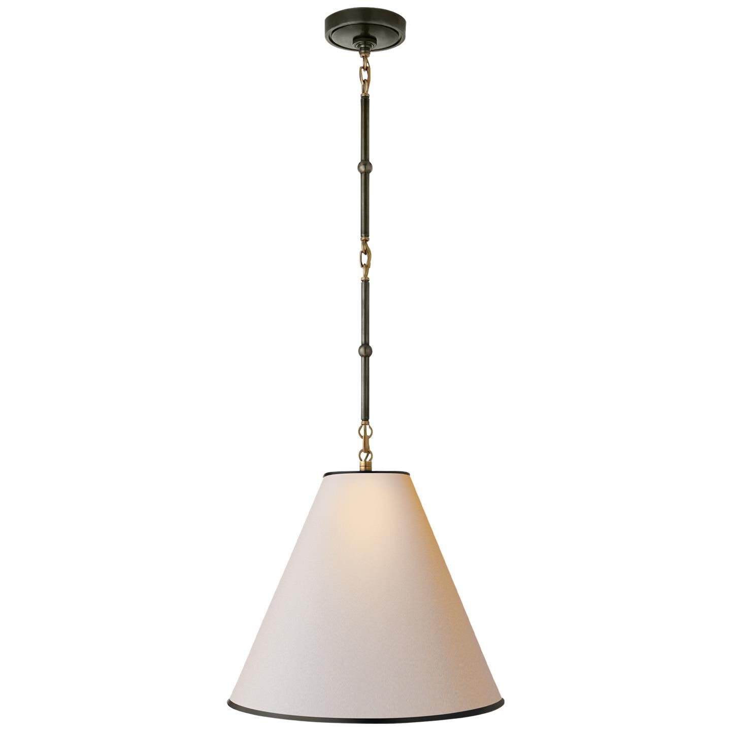 Shown in Bronze With Antique Brass finish and Natural Paper With Black Trim shade 