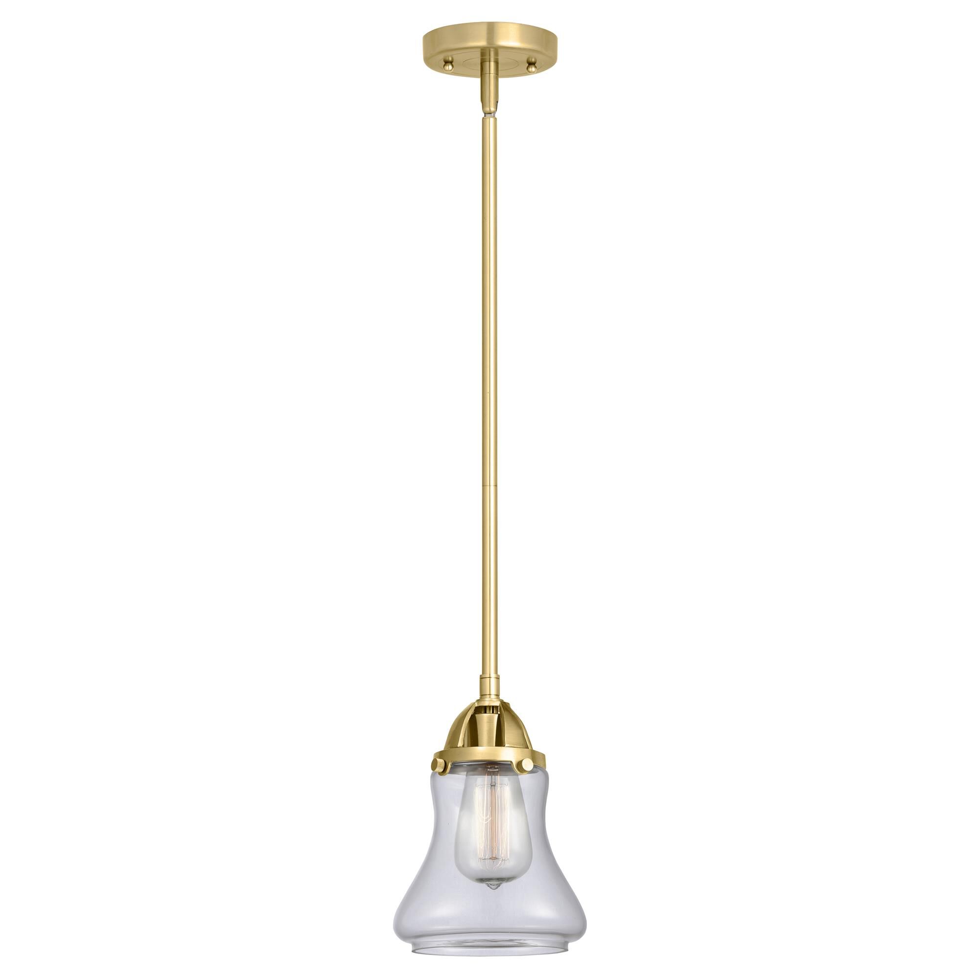 Shown in Satin Gold finish and Clear Bellmont glass and No Shade shade