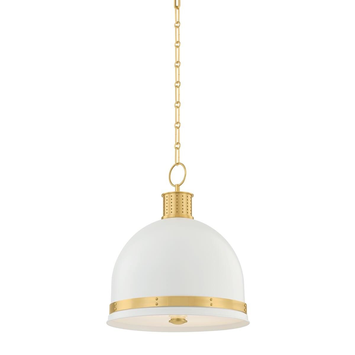 Shown in Aged Brass and Soft White finish and White glass