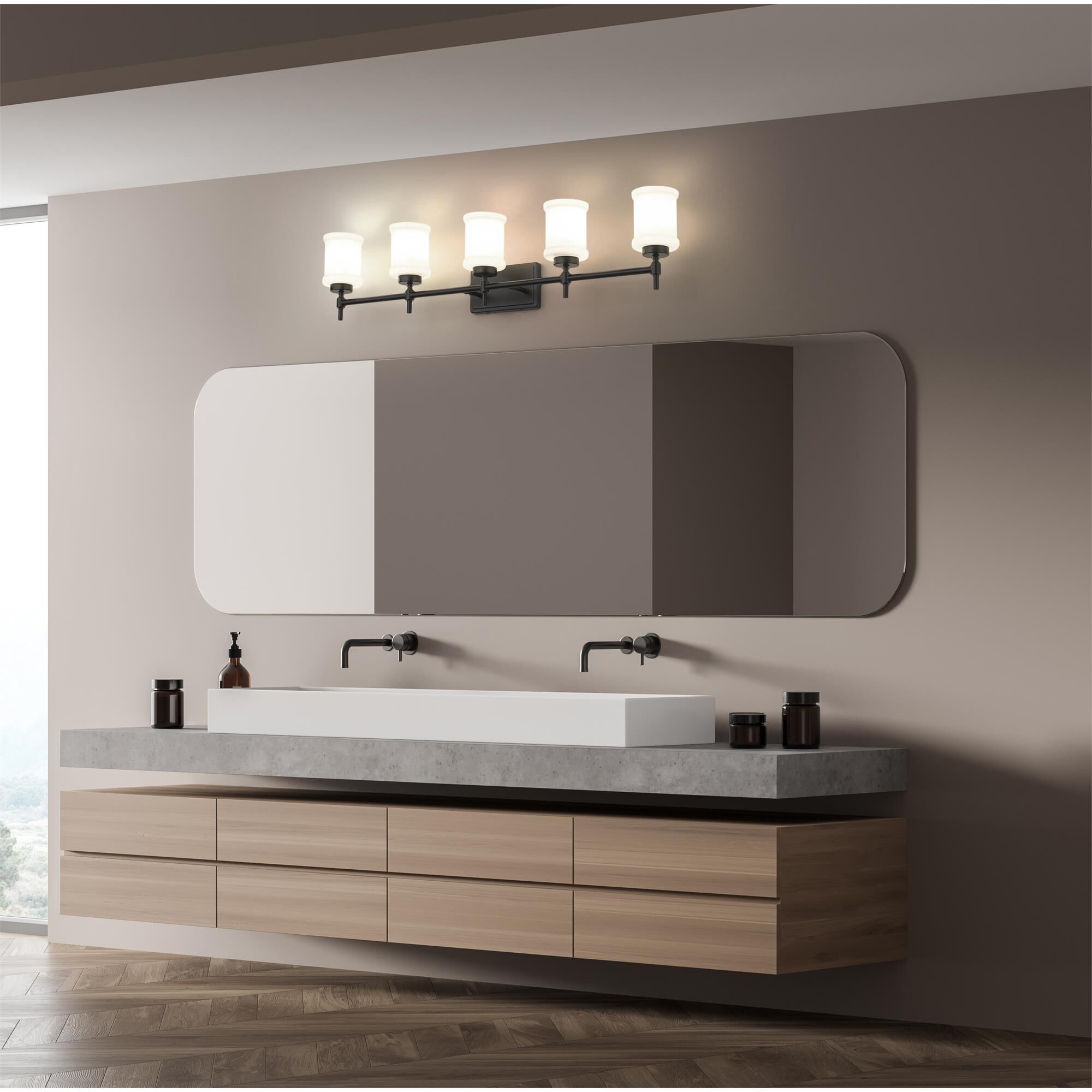 Shown in Matte Black finish and Gloss Opal glass and Gloss Opal shade