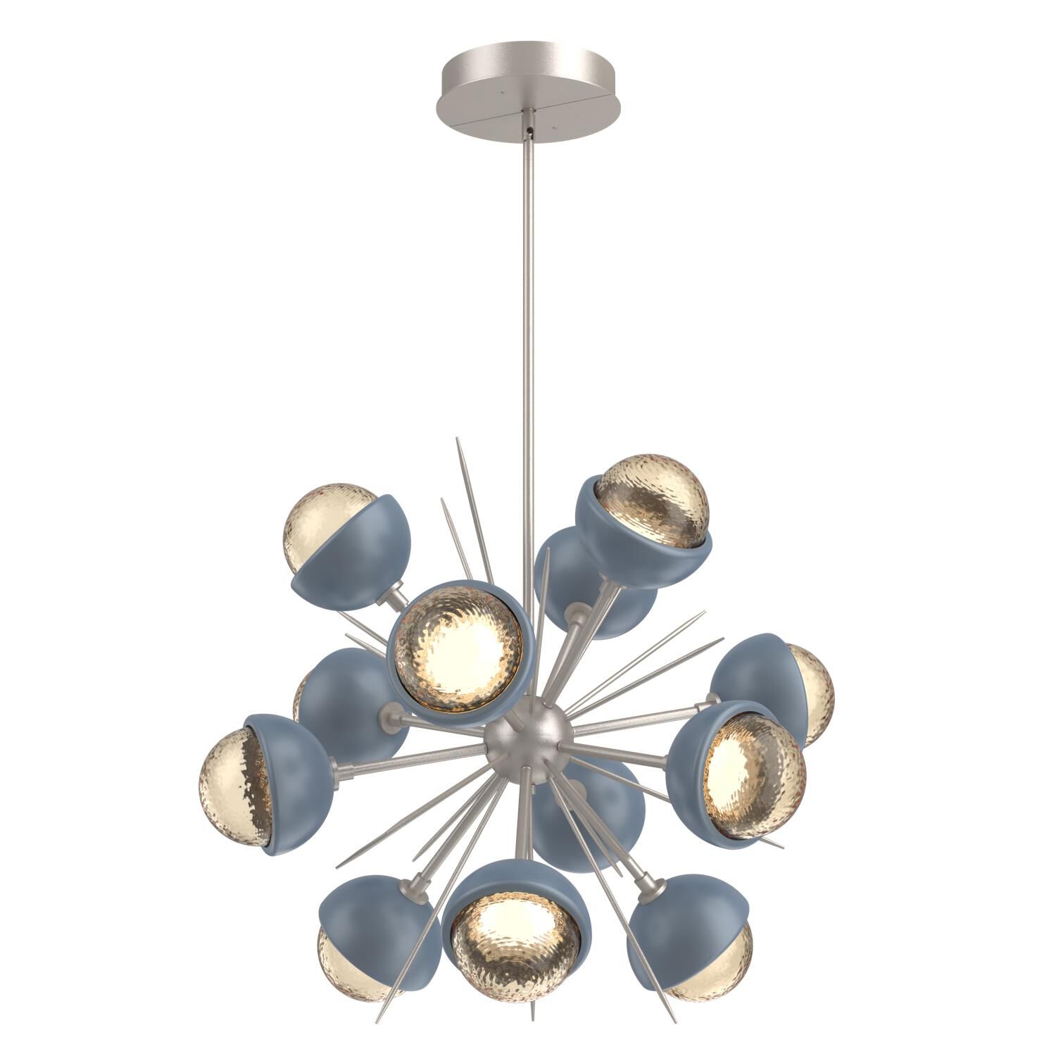Shown in Beige Silver finish and Amber glass and Poppy Blue accent